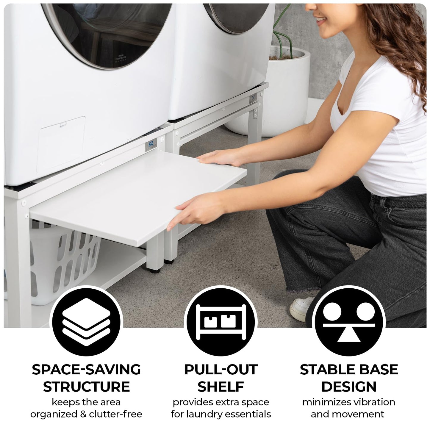 Washer and Dryer Pedestal with Pullout-Shelf - 27" W, 18" H, White Steel Universal Fit with Major Brands | Laundry Pedestal with Drain Pan & Hose | Washer Stand for Back Pain Relief, 800 lbs Capacity