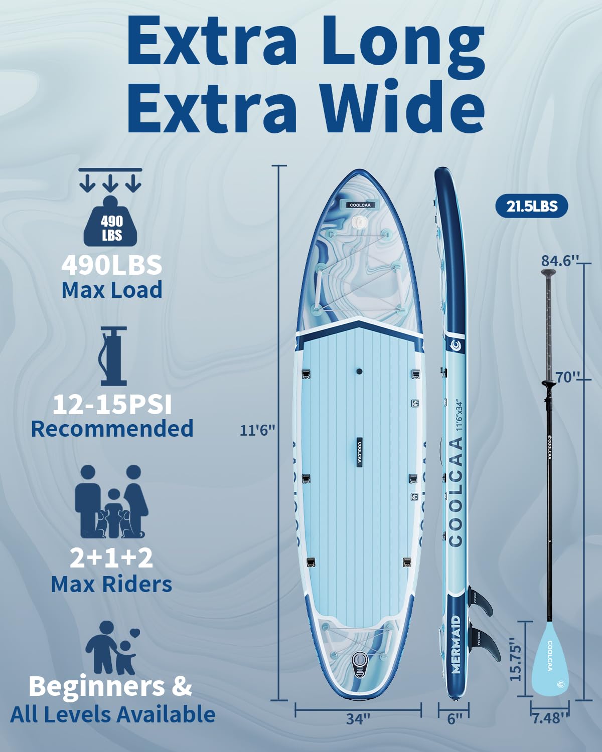 COOLCAA Mermaid 11'6" Inflatable Stand-Up Paddle Board, 490Lbs Capacity SUP Board with 34'' Extra Wide, Fishing Paddleboard with Accessories & Bag for Adults Youth (Ocean Stream)