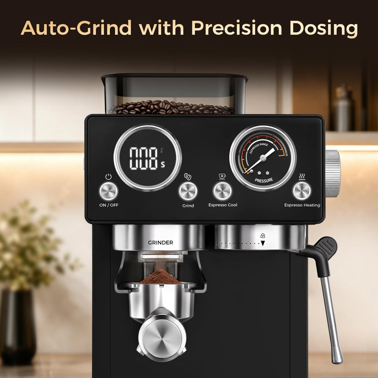 CHULUX Nero Espresso Machine with Built-in Conical Burr Grinder, 4-in-1 20 Bar Espresso Coffee Maker for Cappuccino, Latte, Hot & Iced Espresso and Hot Water, Mystic Black