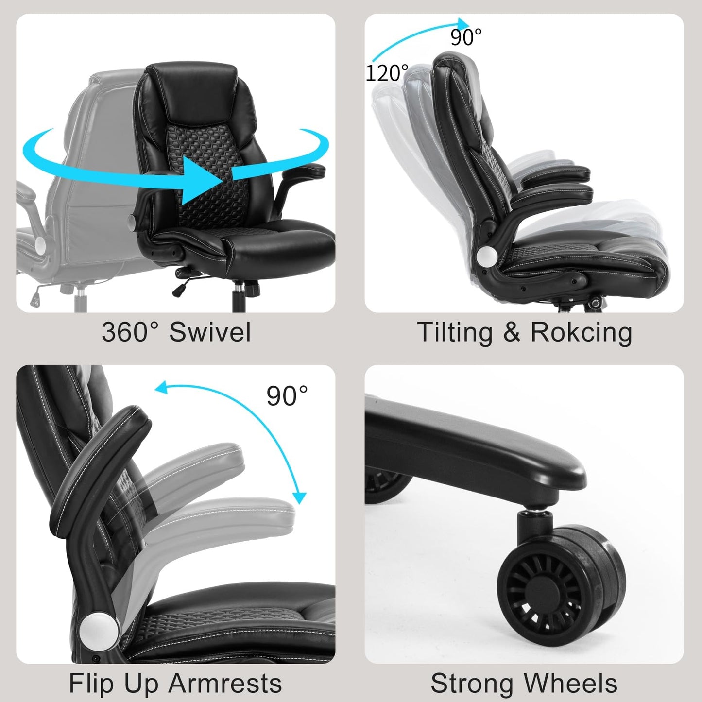 ZLHECTO® Big and Tall Executive Office Chair, PU Leather Swivel Desk Chair with Flip-up Arms, Adjustable Lumbar Support, Space-Saving Height Adjustable Rolling Computer Chair for Home & Office Use