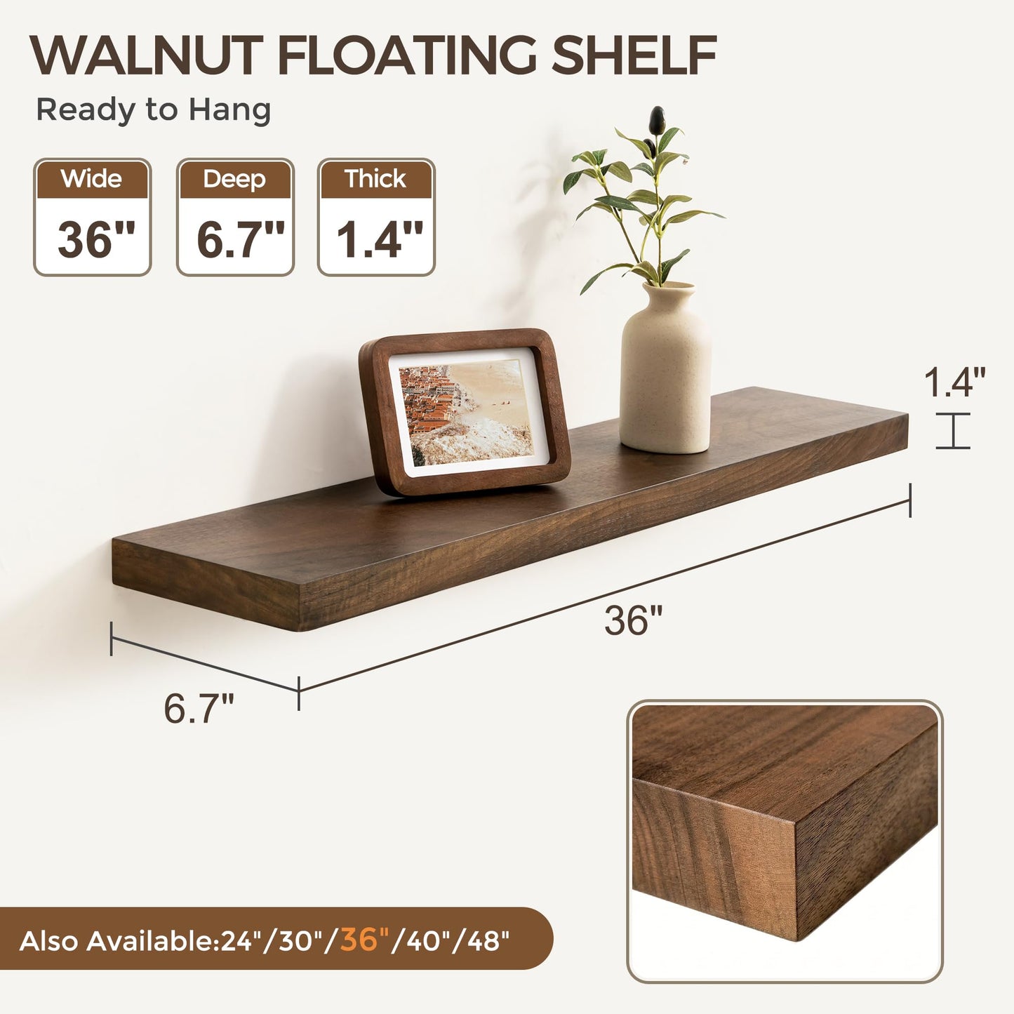 Acovy Floating Shelves, USA-Sourced Walnut Wood 36 Inch Wide x 6.7 Inch Deep Floating Shelves, Natural Wooden Shelves for Bedroom Living Room Home Office, Set of 2
