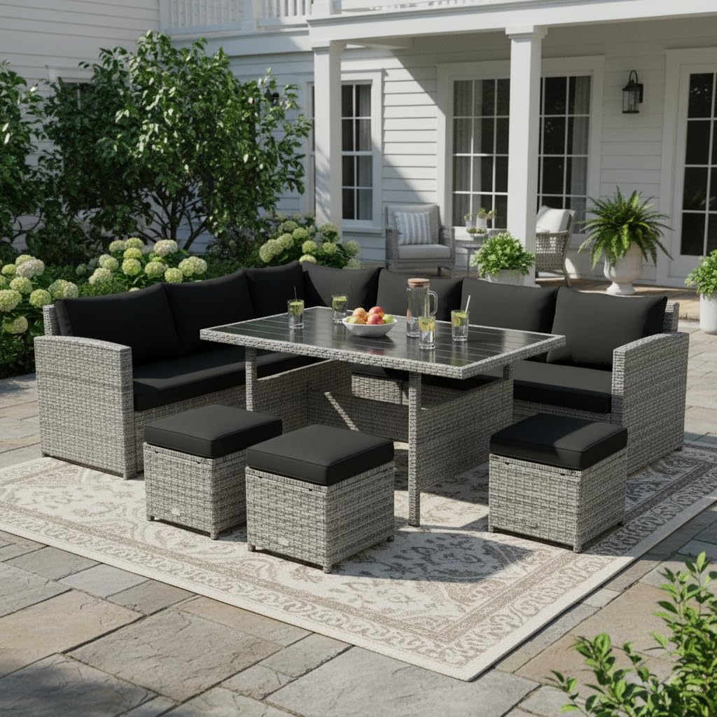 Tangkula 7 Pieces Patio Furniture Set, Outdoor Sectional Rattan Sofa Set with Cushions, All Weather Wicker Conversation Couch Set w/Dining Table & Ottomans for Backyard Garden Poolside, Black