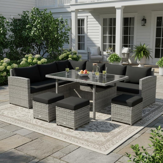 Tangkula 7 Pieces Patio Furniture Set, Outdoor Sectional Rattan Sofa Set with Cushions, All Weather Wicker Conversation Couch Set w/Dining Table & Ottomans for Backyard Garden Poolside, Black