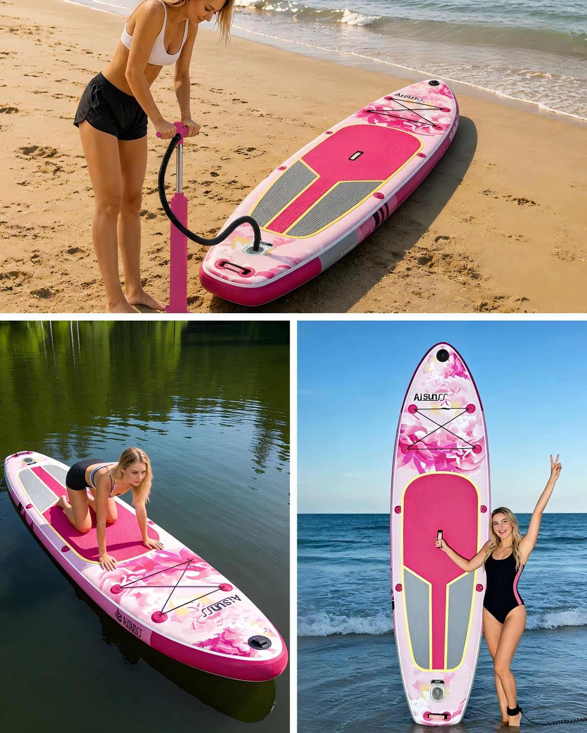 AISUNSS 10.6’ Inflatable Stand Up Paddle Board, 33’’ Wide Stance Paddle Boards with Premium Paddleboard Accessories, Double Action Pump, Removable Fin for Youth & Adults (Flowers Pink)