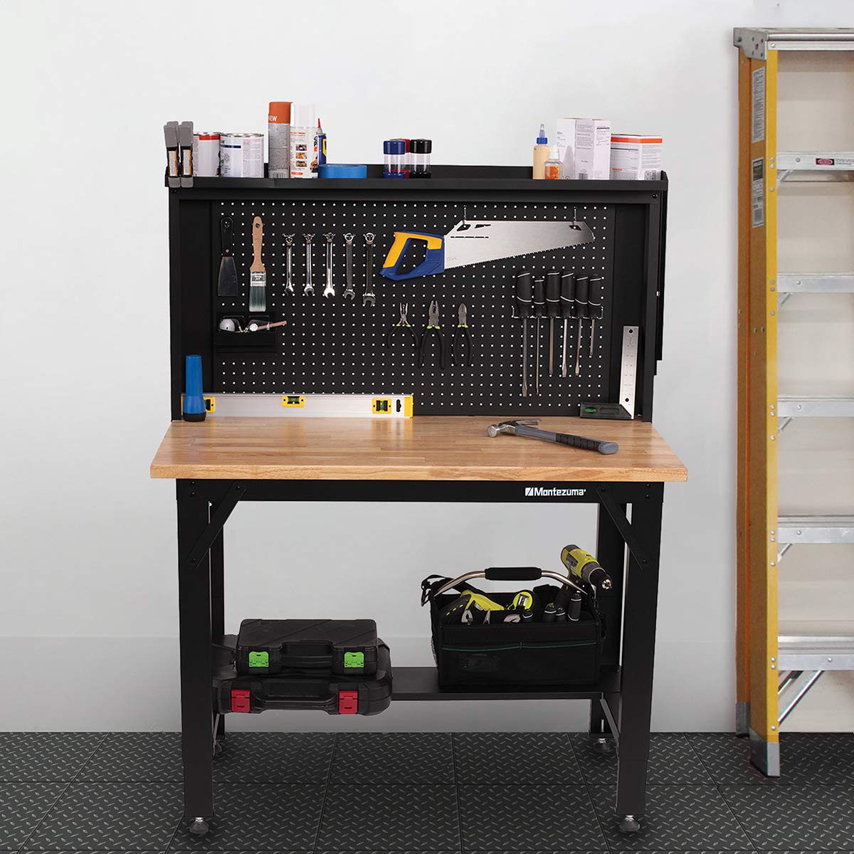Montezuma 4' Adjustable Steel and Solid Wood Workbench Station with Pegboard and Shelf Storage