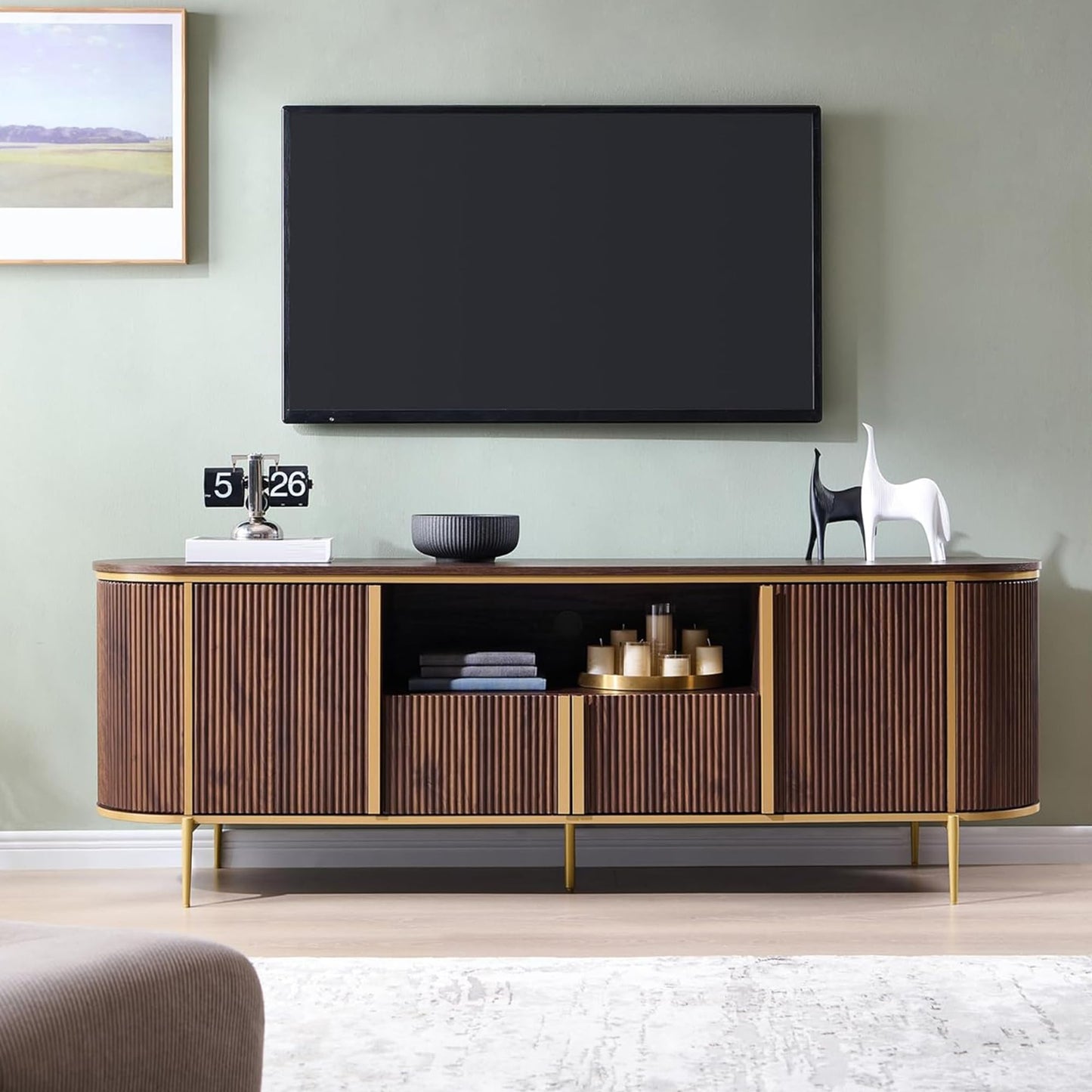 OKD 70" Fluted TV Stand with Storage, Faux Marble Top Entertainment Center for TVs Up to 80", Modern Curved Edge Media Console Cabinet for Living Room, Dark Walnut
