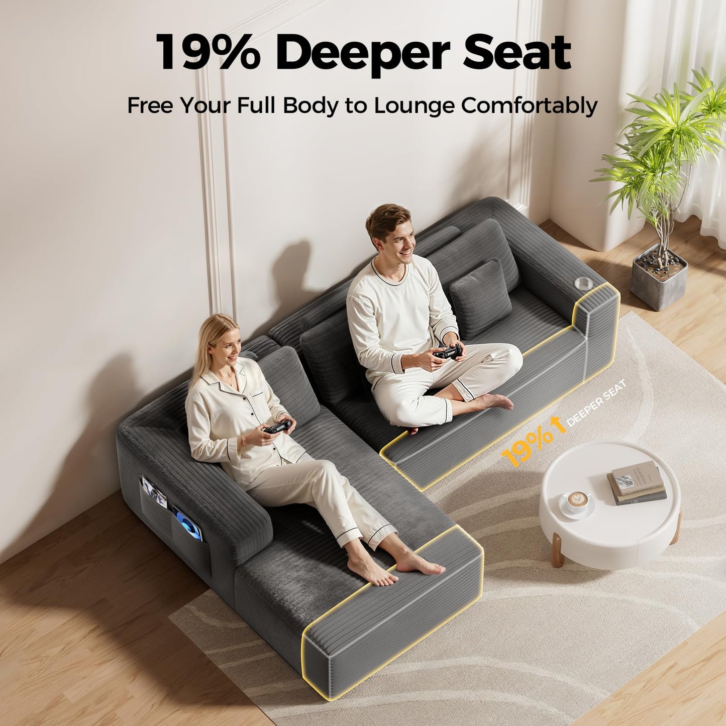 CAMMOO 108” Cloud Sectional Couch in One Box, Compressed Modular Sectional Sofa with Deep Seat, Corduroy Boneless Couches, L-Shaped Sofa for Living Room, 4 Storage Pockets(Left Facing Chaise, Grey)