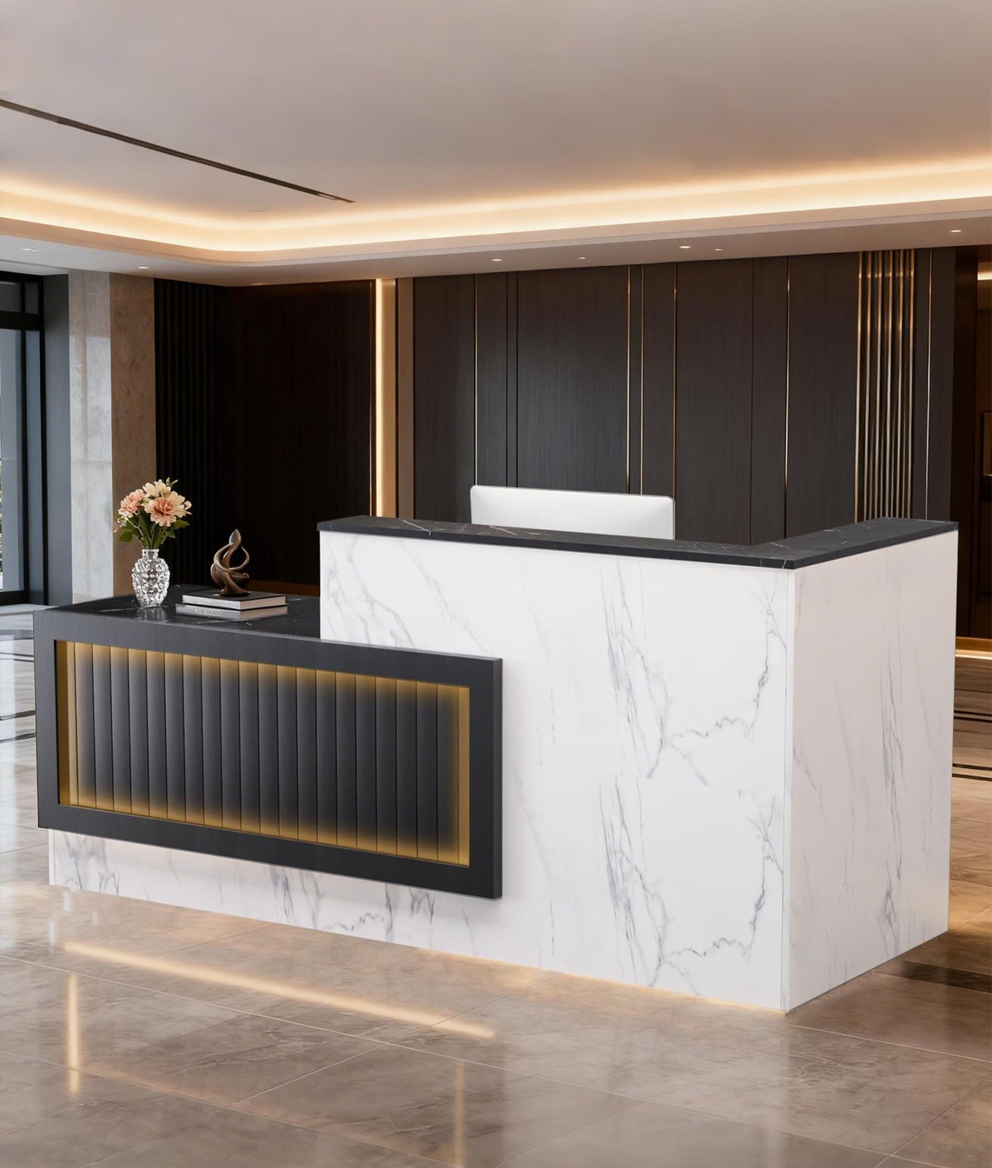 Easilywinlife Ultral 70.87IN Modern Wooden Commercial L Shaped Reception Desk with Counter, Lockable Drawers, Door Cabinet, Front Desk for Checkout, Salon, Black and White with Light, Left Cabinet