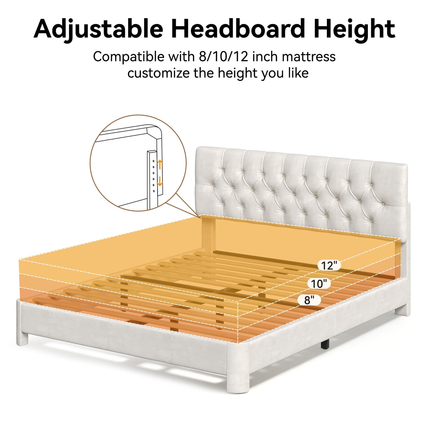 AMICLIBER Queen Bed Frame with Adjustable Headboard, Velvet Upholstered Platform Bed with Button Tufted Design, Solid Wooden Slats, Noise-Free, No Box Spring Needed, Easy Assembly, Beige