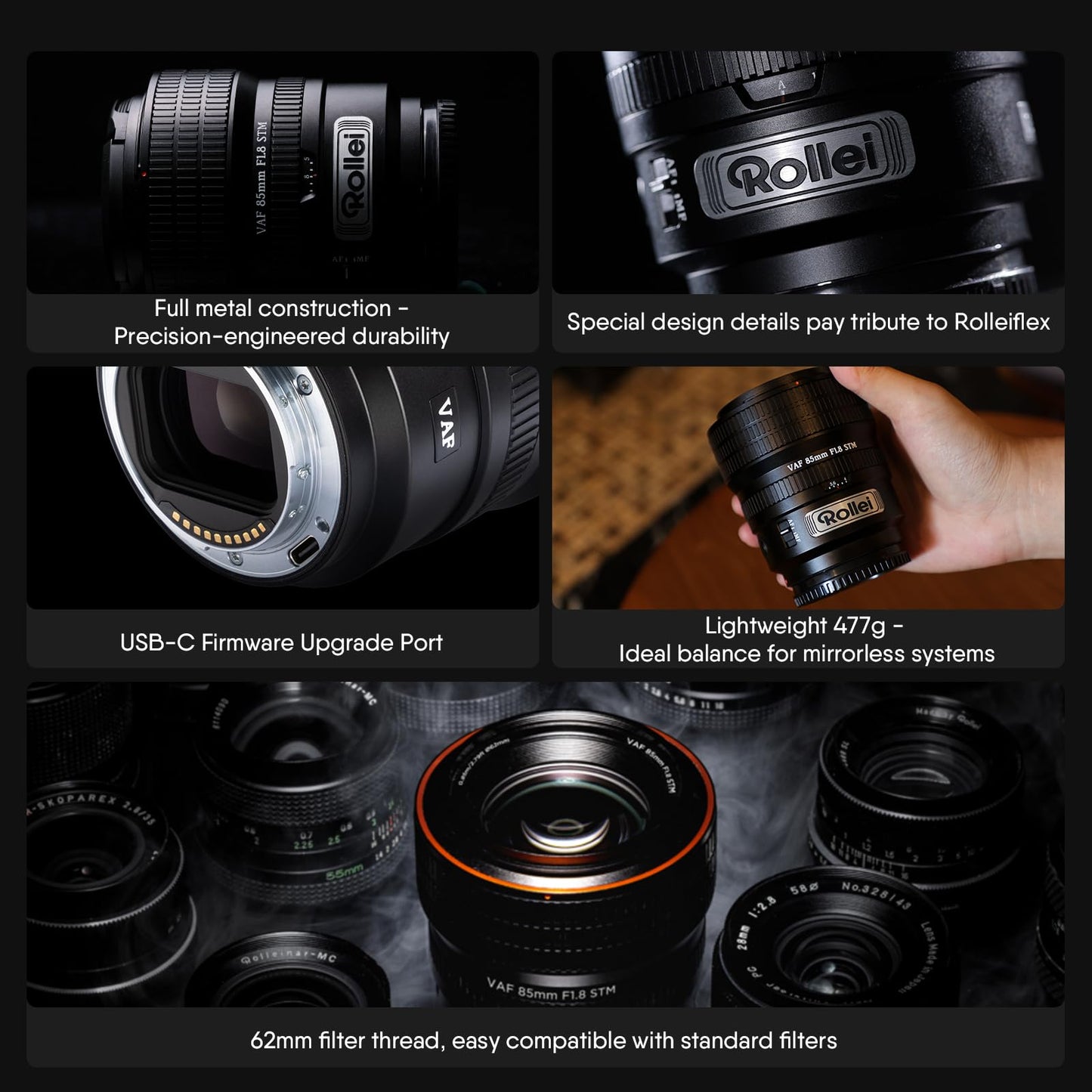 Rollei AF 85mm F/1.8 Lens，STM Autofocus，HFT-X Coating，Mount Cameras，Full Metal Body，477g，Compatible with APS-C，for Sony FE