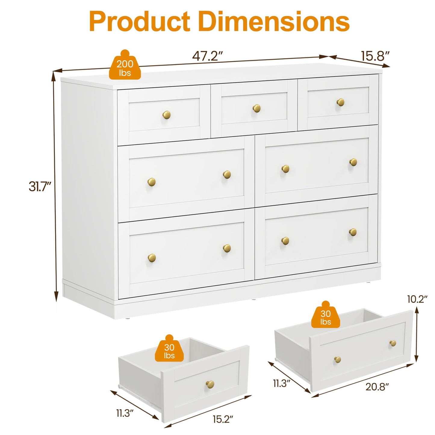 RoyalCraft 7 Drawer Dresser, White Dresser for Bedroom, Wood Chest of Drawers, Modern Dresser TV Stand for Living Room, Closet, Entryway