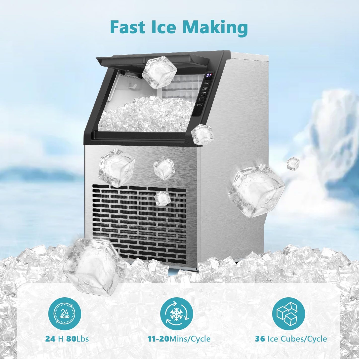 Commercial Ice Maker Machine, 80Lbs/24H Under Counter Ice Maker, Freestanding with Ice Thickness Control & Stainless Steel, 36 Cubes in 15 Mins, 28Lbs Storage Capacity, for Home, Bar, Cafe, Offices