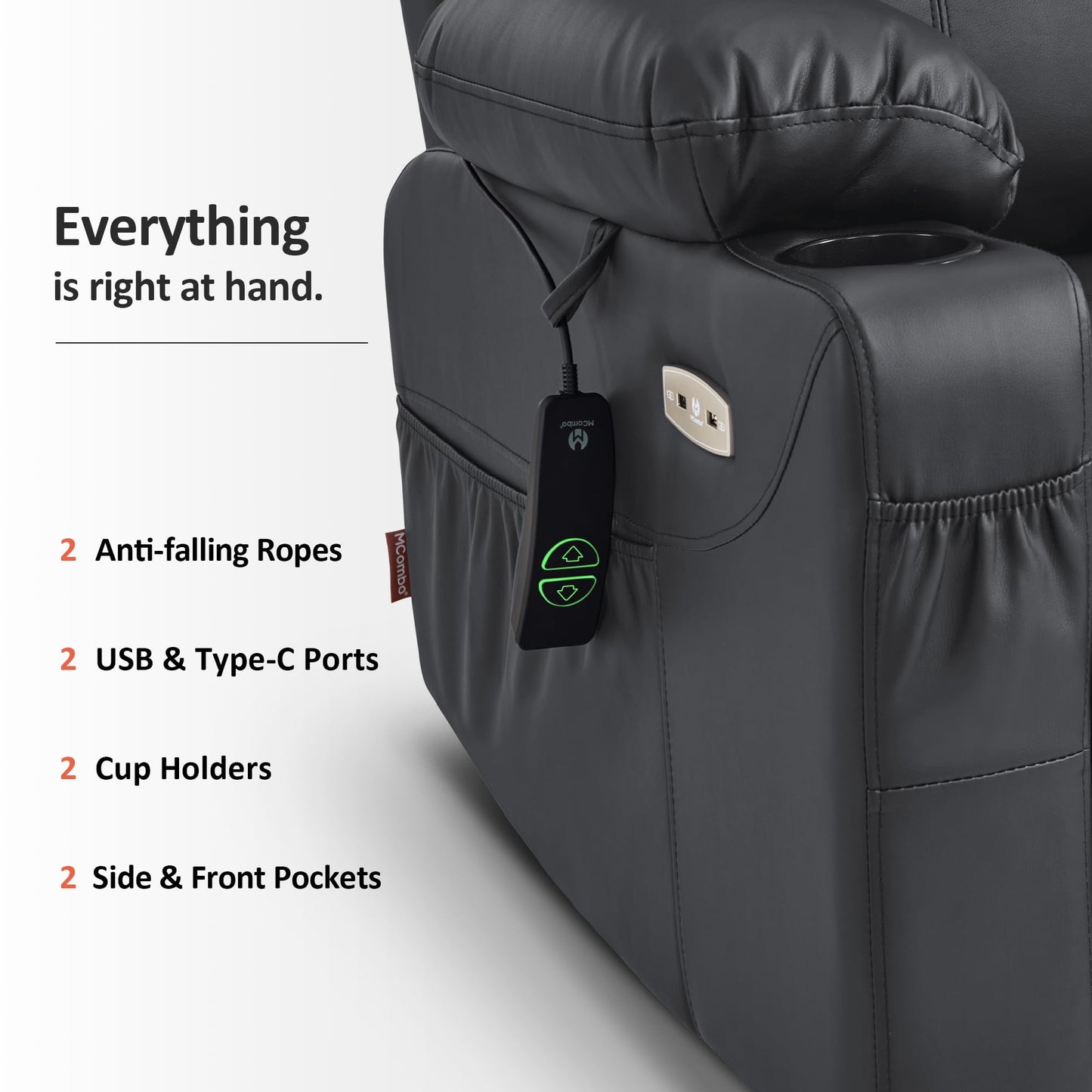 MCombo Power Lift Recliner Chair for Elderly, Lift Chair with Heat and Massage, FSC Certified, USB Ports, Cup Holders, Faux Leather 7040 (Black, Medium)