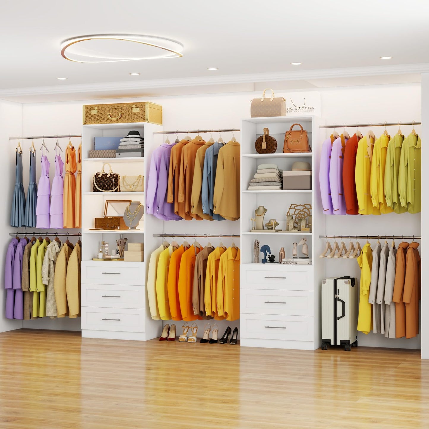 Secilix Closet System with 6 Drawers, 6FT-15FT Wooden Closet Organizer System with 8 Expandable Hanging Rods and Shelves, Closet Shelving System for Walk in Closet for Bedroom,Wall Mount, White 2 Sets