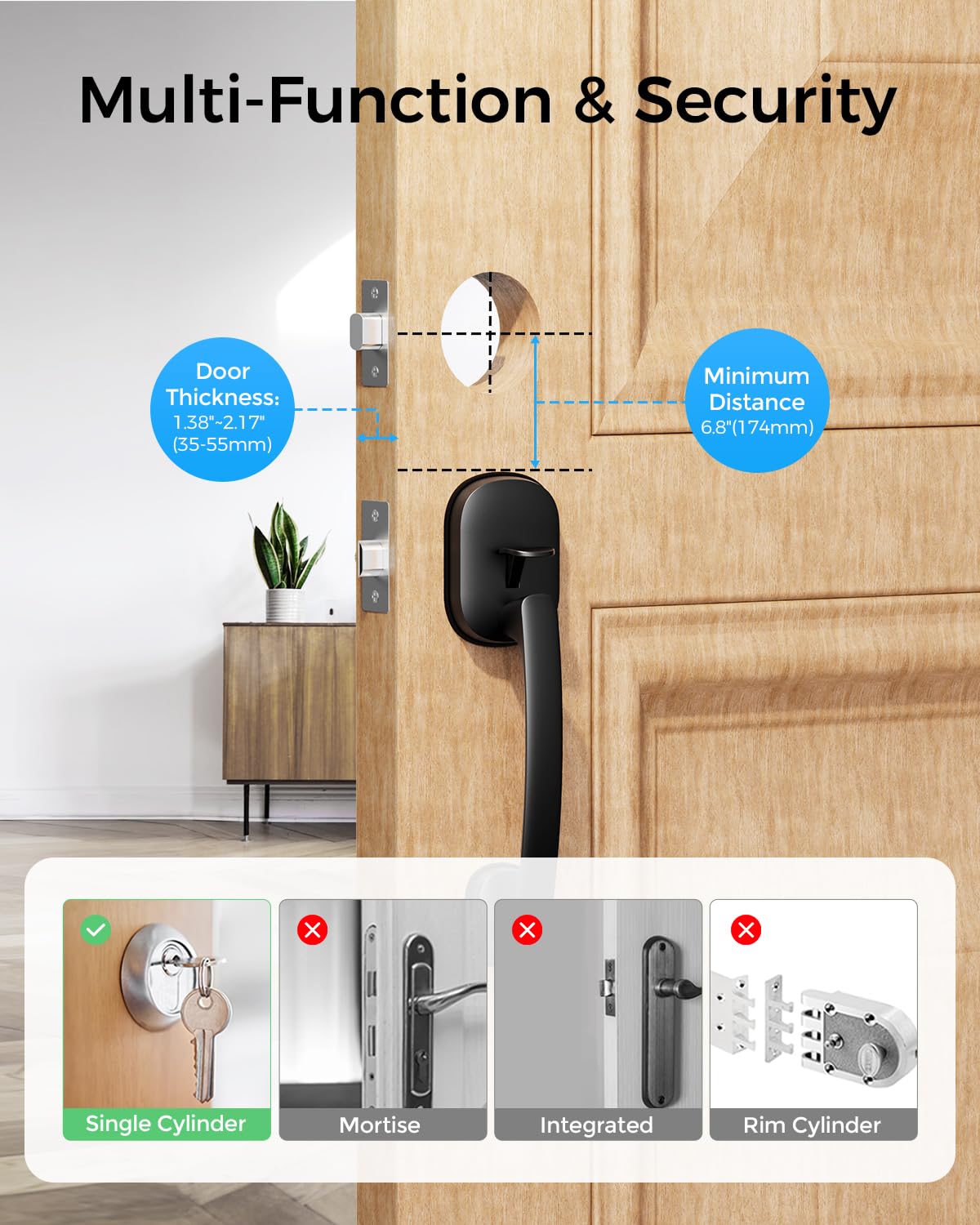 ARPHA Keyless Entry Deadbolt with Handle Set - WiFi Smart Lock with Camera, 5-in-1 Camera+Doorbell+Fingerprint+Keypad, App Control, Auto Lock, Easy Install, Waterproof for Front Door（Black）