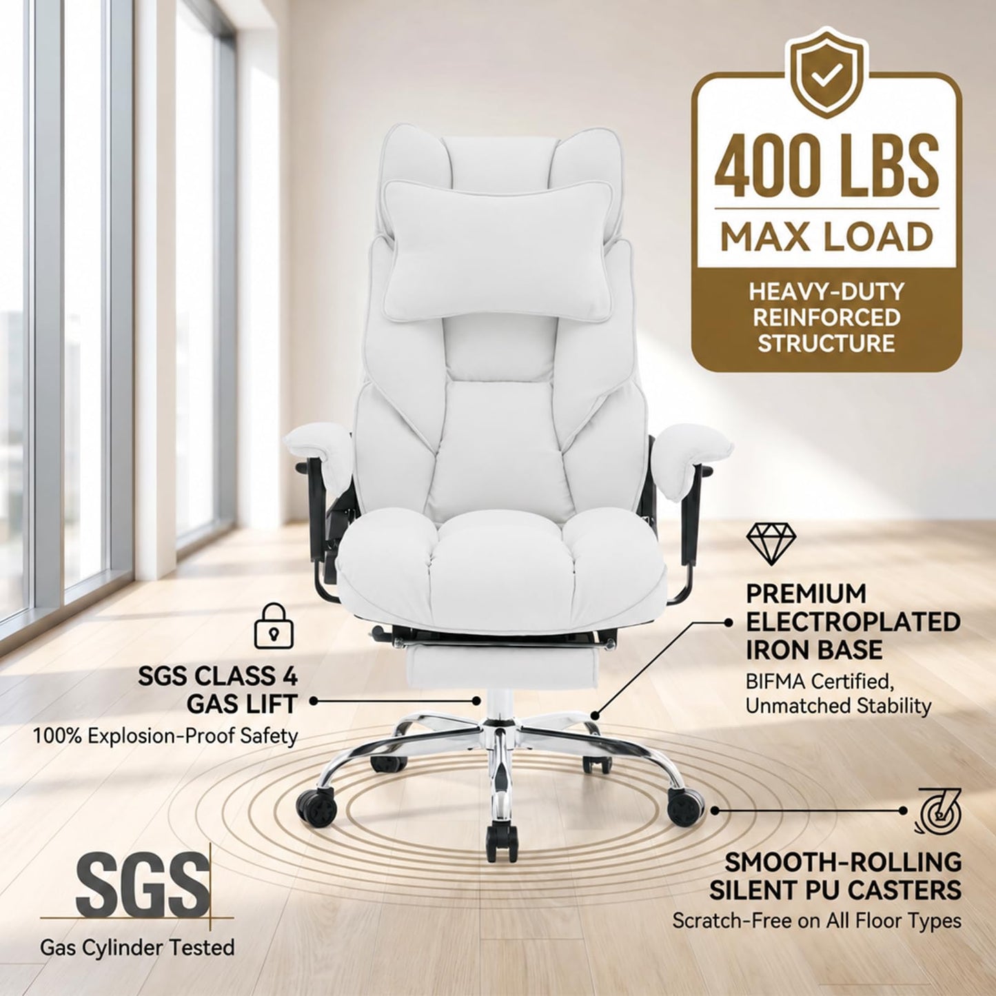 mokodo Big and Tall Office Chair 400lbs, Breathable Fabric Executive Desk Chair with Pocket Spring Cushion, 155° Reclining Computer Chair with Integrated Headrest & Lumbar Pillow (White)