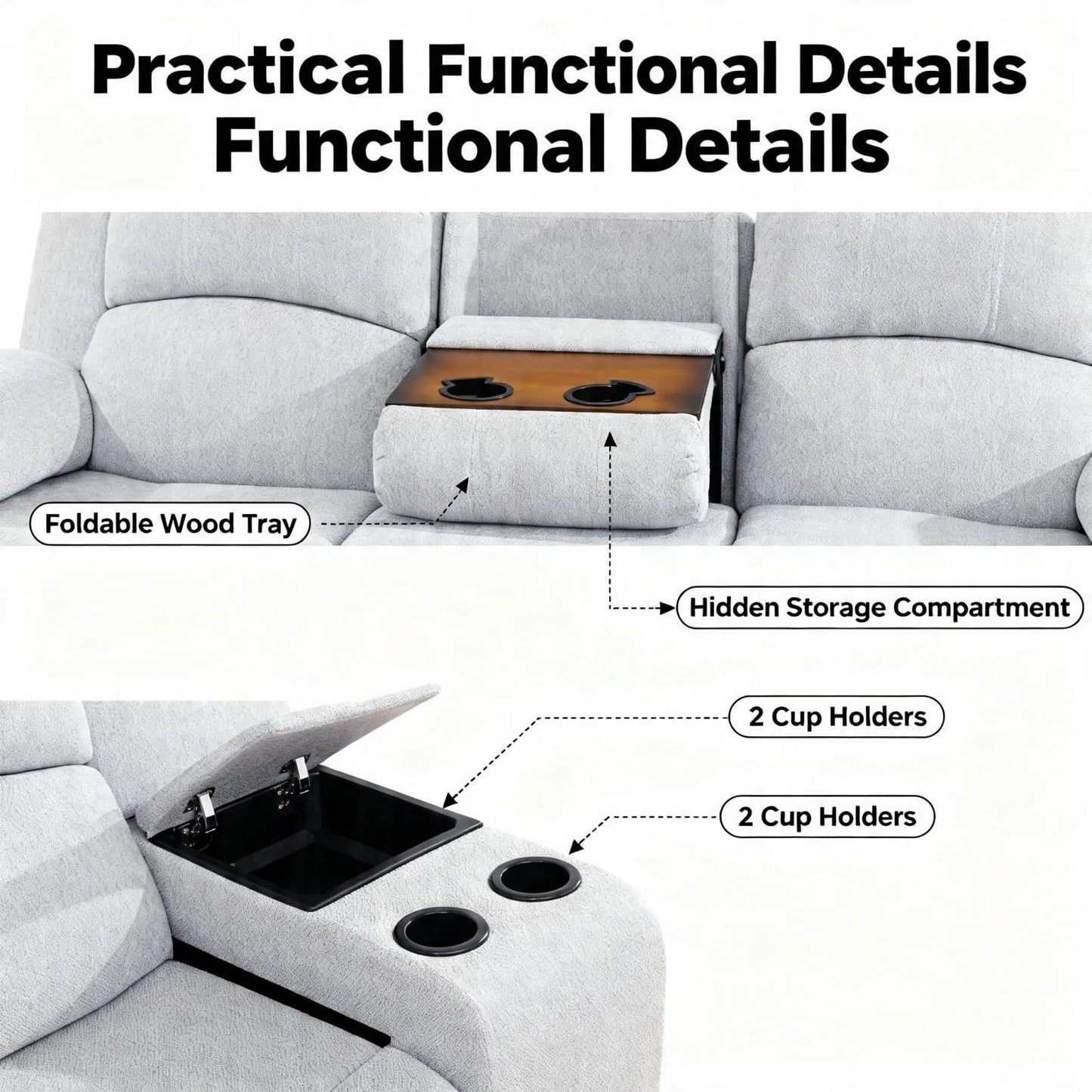 Trygoal Manual Recliner Sofa Set, Linen Reclining Couch with Storage Console, Cup Holders and Convertible Coffee Table, Adjustable Backrest Recliner Couch for Home Theater, Apartment, White Grey