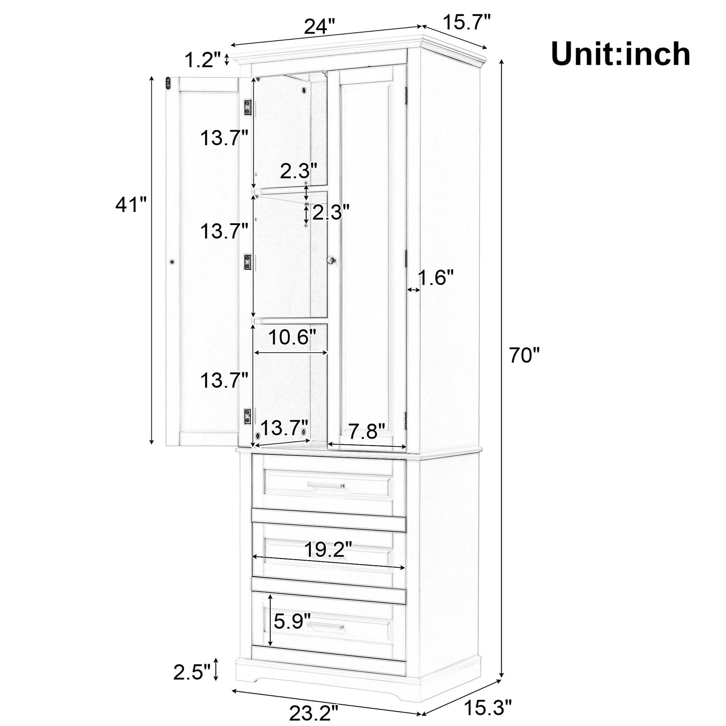 62.2" Wide Storage Cabinet Pantry Cupboard with Doors and Drawers for Home Kitchen, Bathroom and Living Room, Adjustable Shelf, White