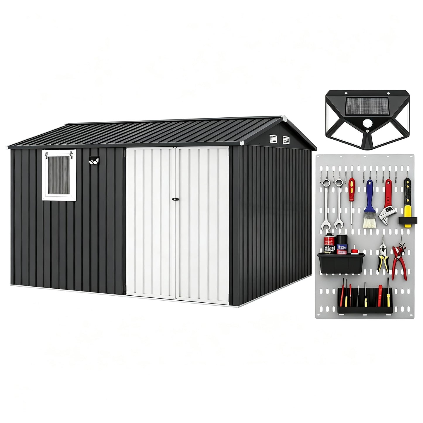 JoanKaren 10x8FT Outdoor Storage Shed with Pushable Window, Solar LED Lamp and Built-in Pegboard, Metal Garden Shed with Sloping Roof, Lockable Doors, Steel Tool Shed for Backyard Patio, Black