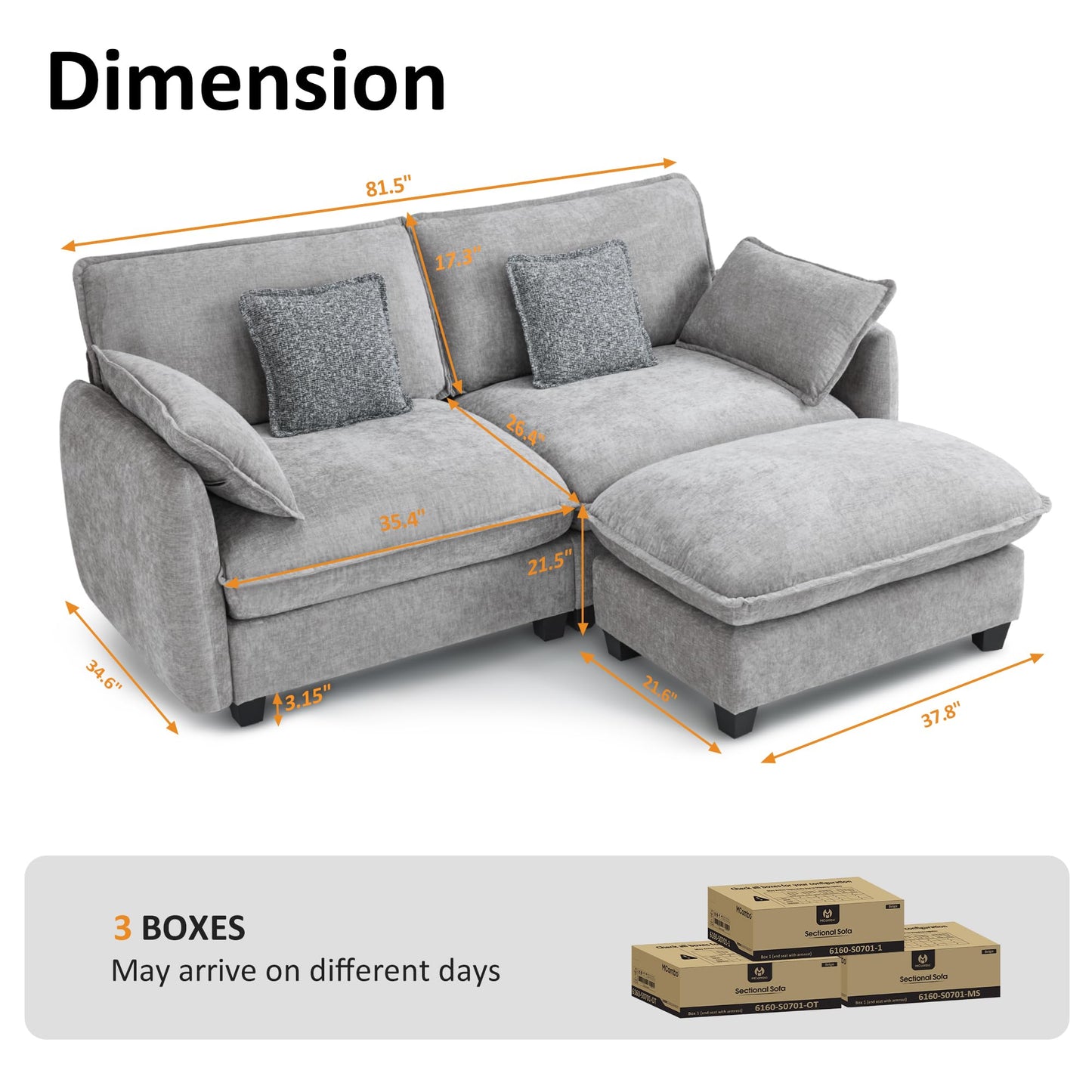 MCombo 82" Oversized Cloud Sectional Couch, Sectional Sofa with FSC Certified, Loveseat Couch with Ottoman for Living Room, Chenille S0701 (Grey)