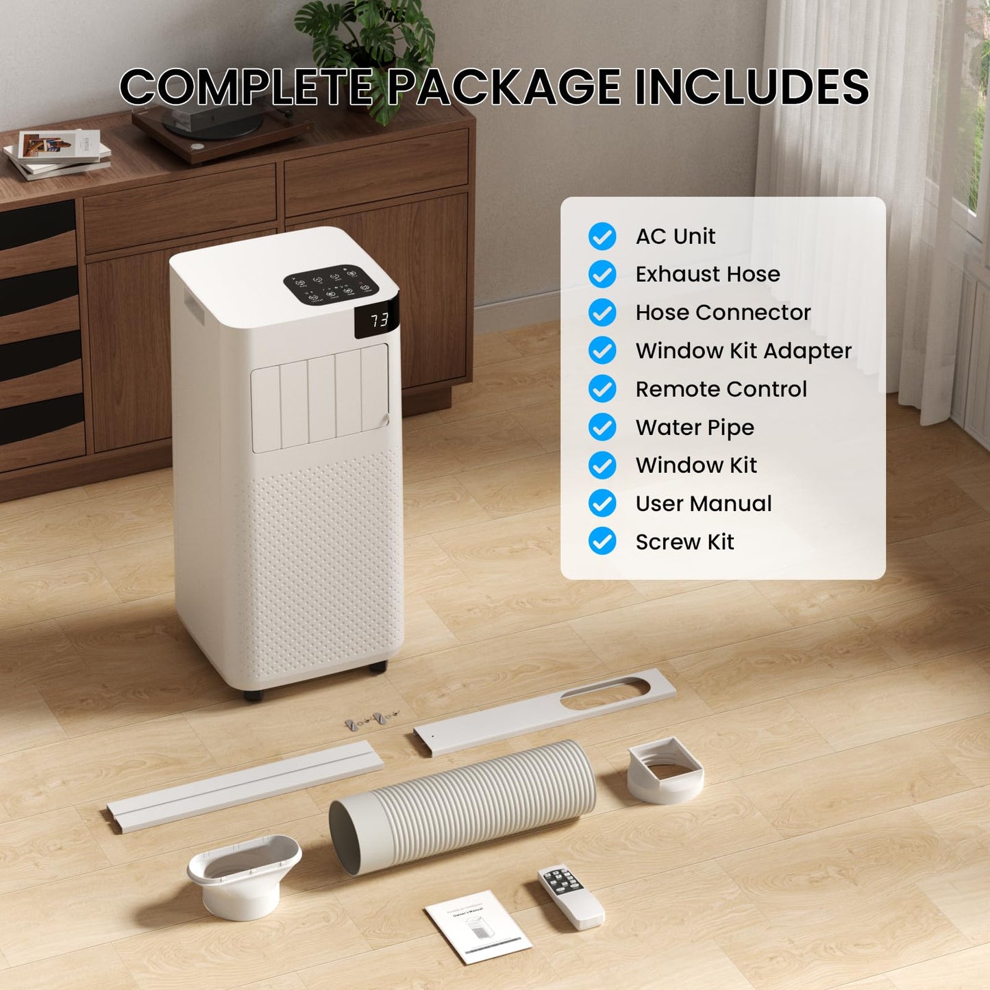 Augsmile Portable Air Conditioner 16,000 BTU with WiFi App Control, 5-in-1 AC Unit (Cool, Fan, Dehumidifier, Sleep, Timer) for Rooms up to 850 sq ft, Leak-Proof Design, Window Kit