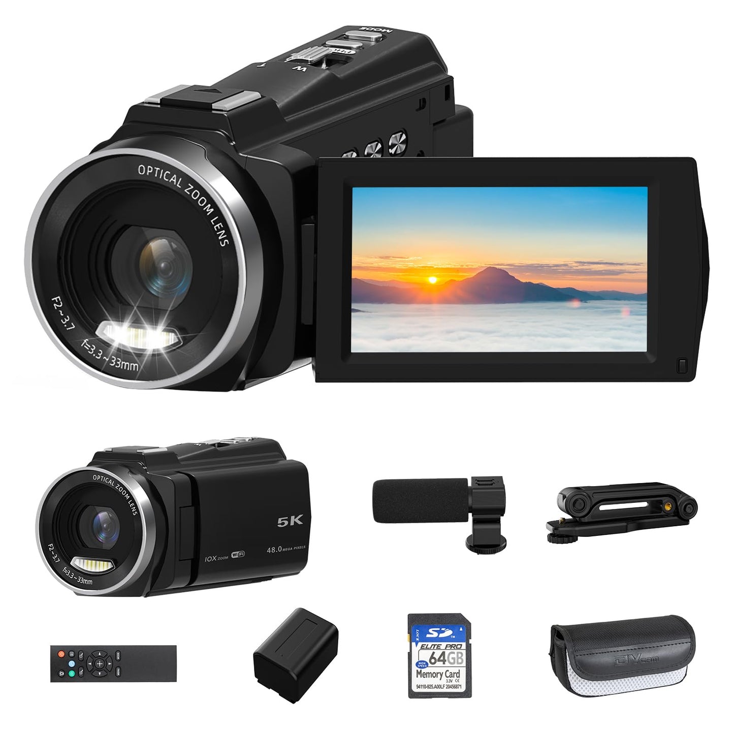 5K Video Camera Camcorder 48MP UHD WiFi Vlogging Camera for YouTube,10X Optical Zoom 3.0'' IPS Touch Screen Anti-Shake Digital Camera with LED Fill Light,64GB Card,Mic,Stabilizer,Remote,2 Batteries