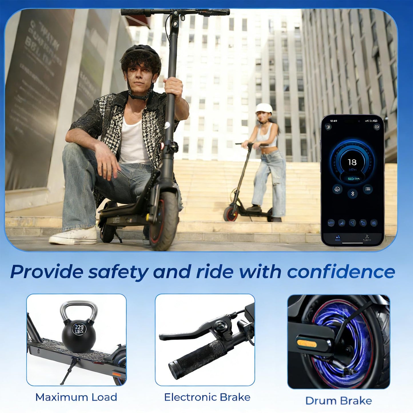 HopCycle Electric Scooters - Electric Scooter Adults, 1200W/1000W/500W Motor, 28/25/21/18 MPH Top Speed, 10''/8.5'' Tires, 28/25/23/21Miles, APP Control E Scooter for Teens Dark Black