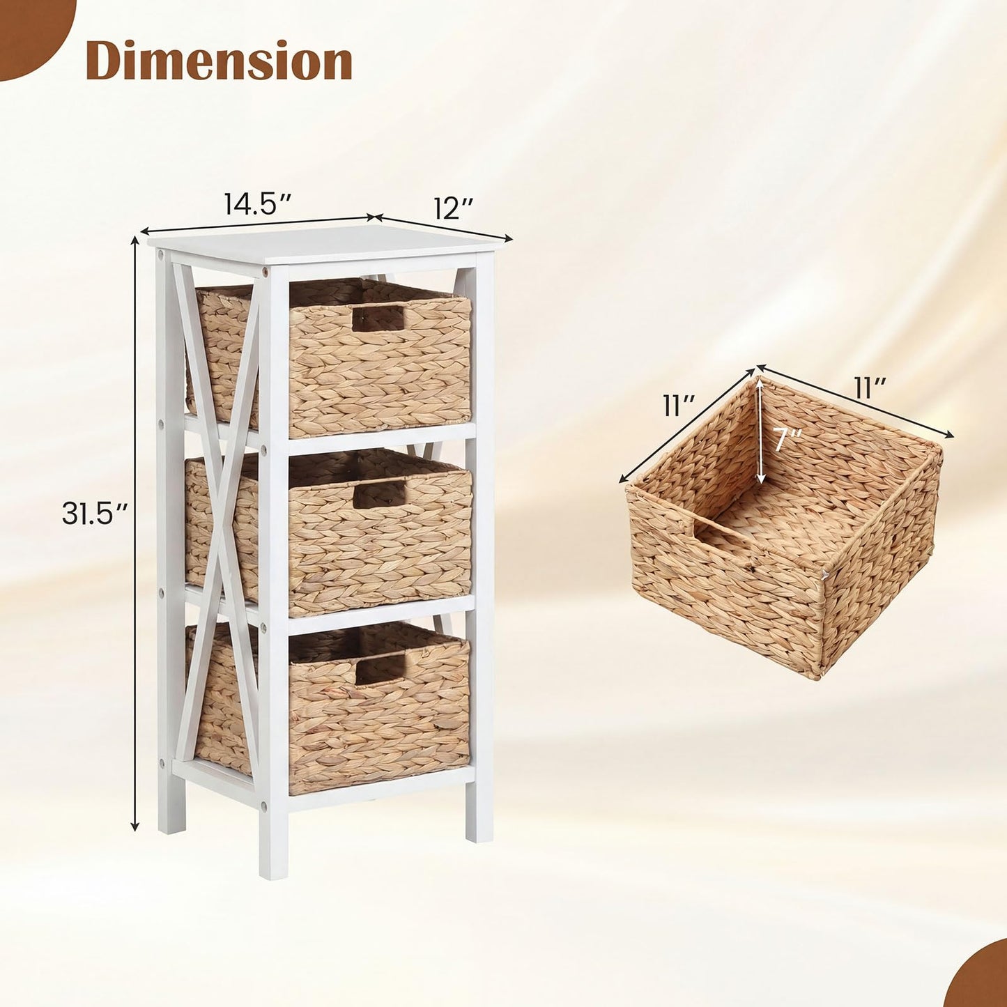 Giantex 3-Tier Nightstand with 3 Wicker Baskets Set of 2, Wooden X-Design Side Table End Table, Beside Table with Acacia Wood Legs, Mid Century Accent Storage Cabinet for Small Spaces, Bedroom, White
