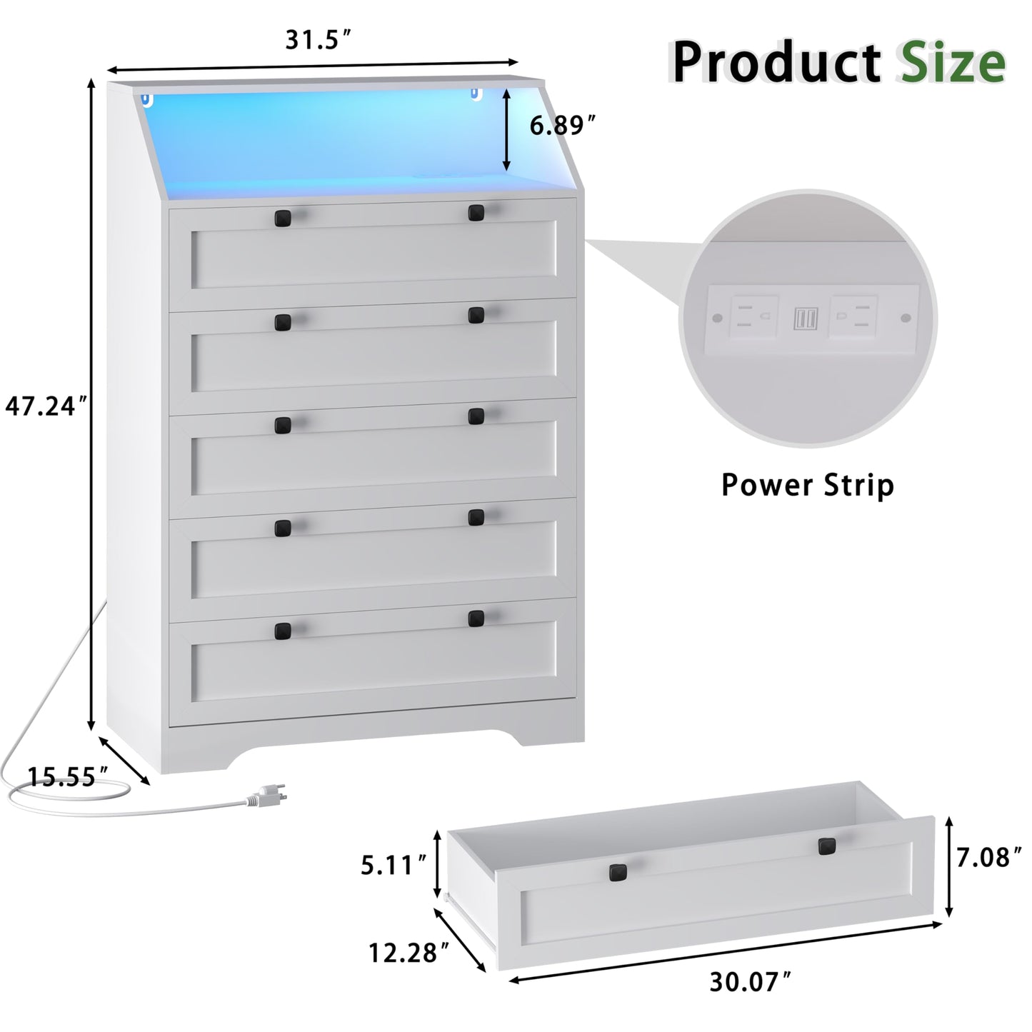 Wodeer White Dresser Tall 5 Drawer Dresser for Bedroom, Wood Chest of Drawers with LED Lights, Charging Station, Metal Handles, Modern Storage Cabinet and Organizer Drawers for Living Room, Hallway