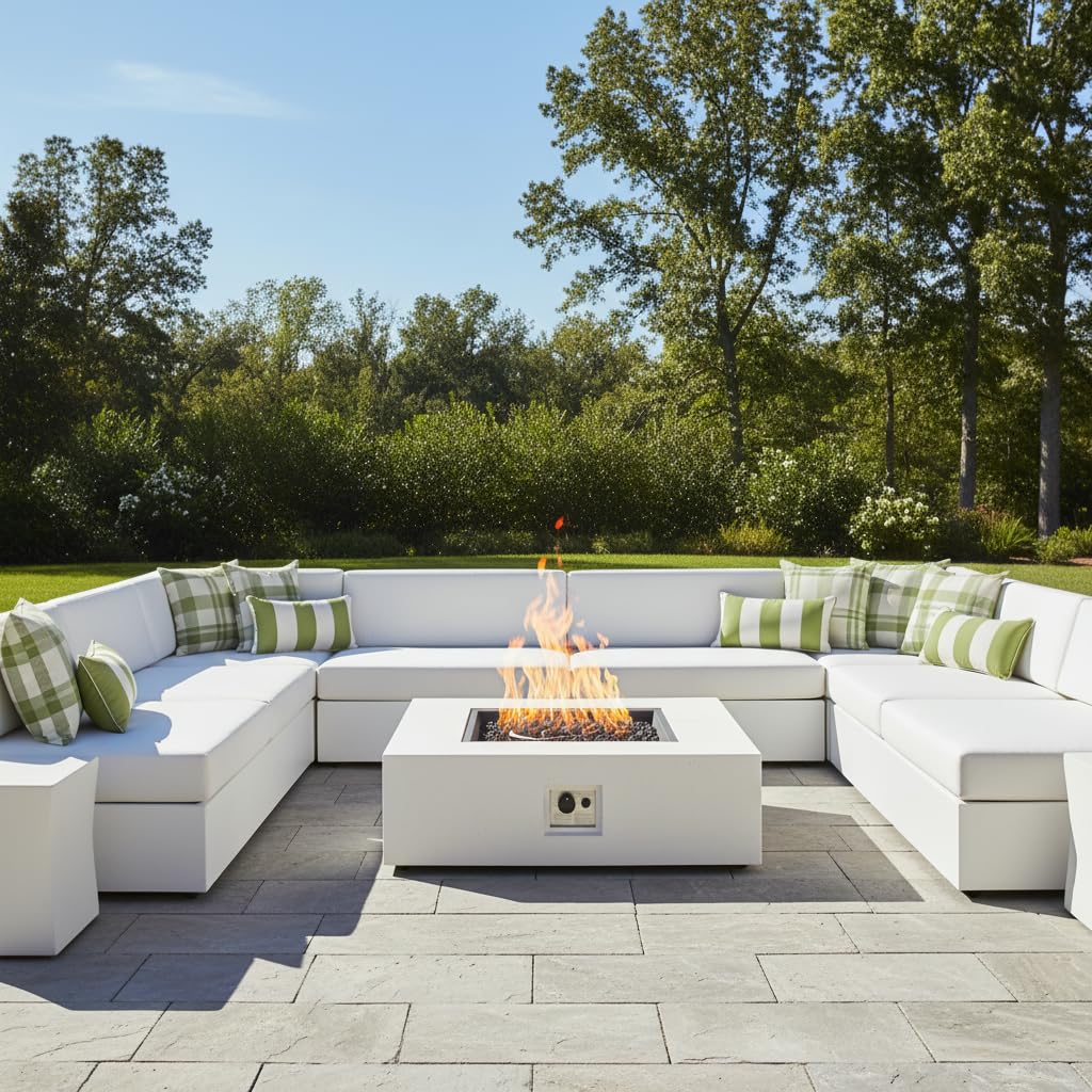 Christopher Knight Home Yuna Outdoor Propane Fire Pit Table with Lava Rock, No Assembly MGO Tank Table for Patio/Deck, 50000 BTU, Square Tabletop Fire Pit Outdoor, Patio Fire Table, White