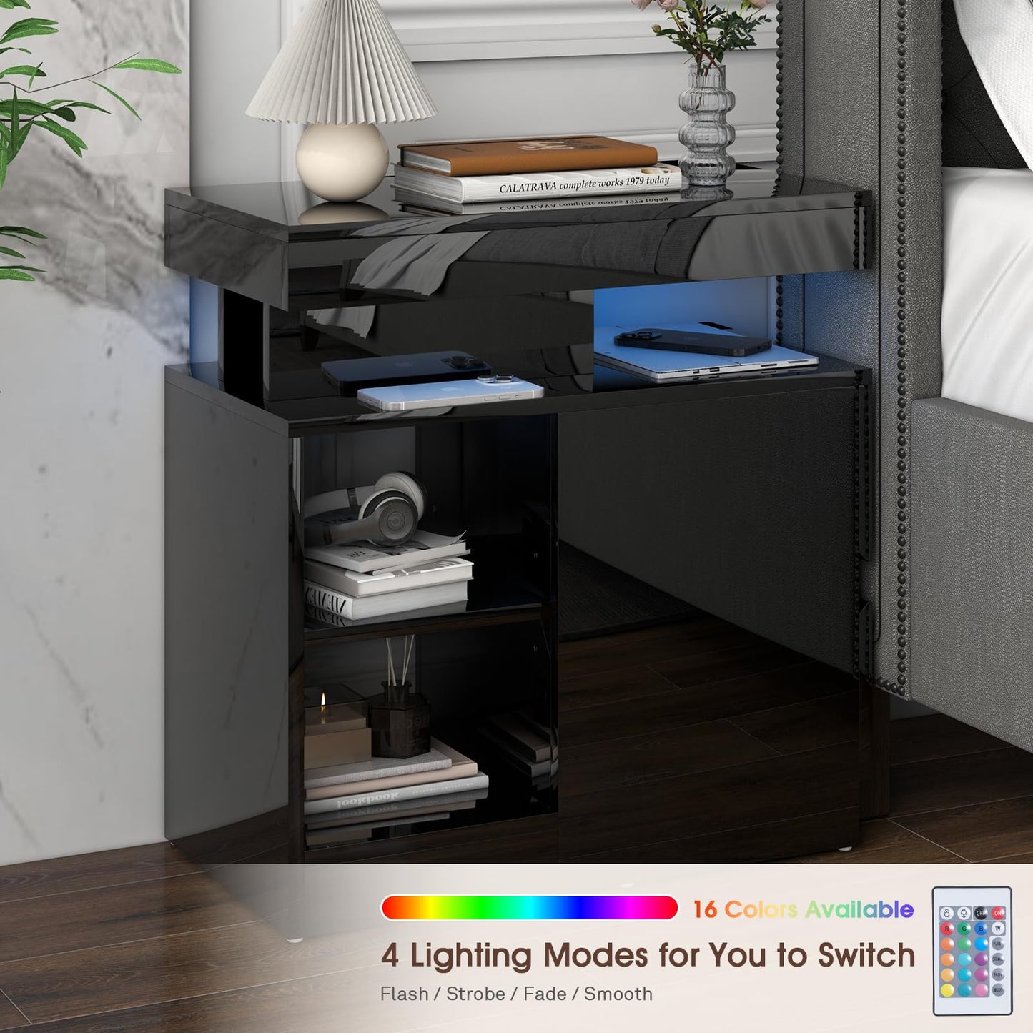 OC Orange-Casual LED End Table with Power Outlet, High Glossy Sofa Side Table, Small Nightstand with Drawer and Storage Cabinet, Narrow Side Table with Charging Station for Living Room (2, Black)