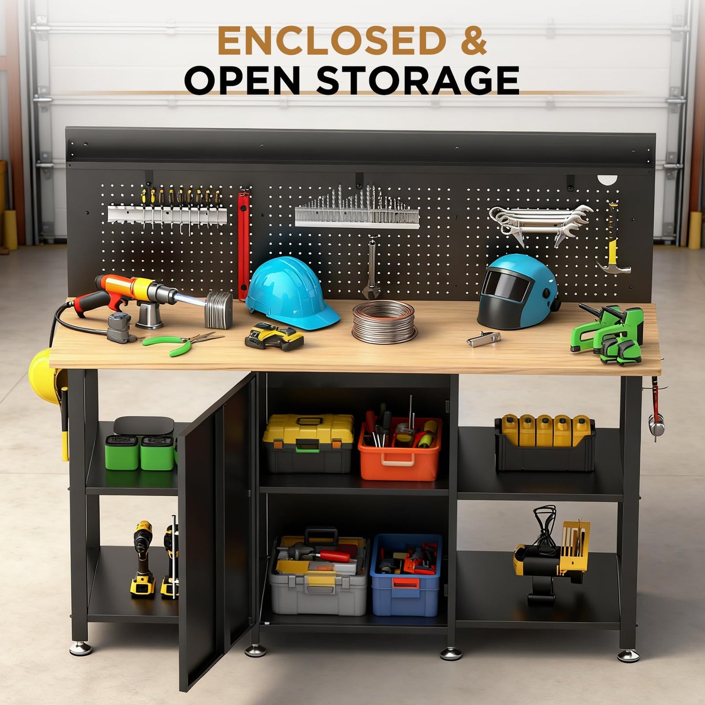 KEIKI 60 Inch Heavy Duty Workbench with Cabinet and Pegboard, Wooden Top Large Garage Work Table with Power Outlet and Open Side Shelves, 2000 lbs Capacity Steel Frame for Shop, Black