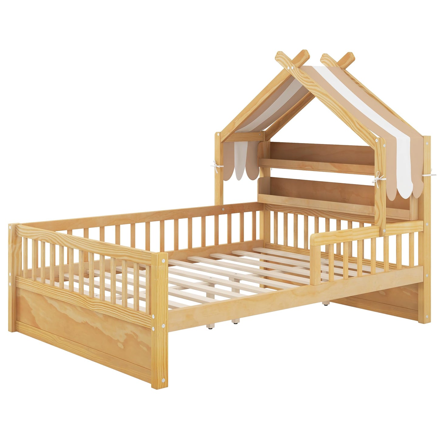 Merax Twin Size House Bed with Storage Headboard Shelf & Removable Canopy, Wooden Platform Bed Frame with Guardrail for Boys Girls Teens Bedroom Use, No Box Spring Needed, Natural