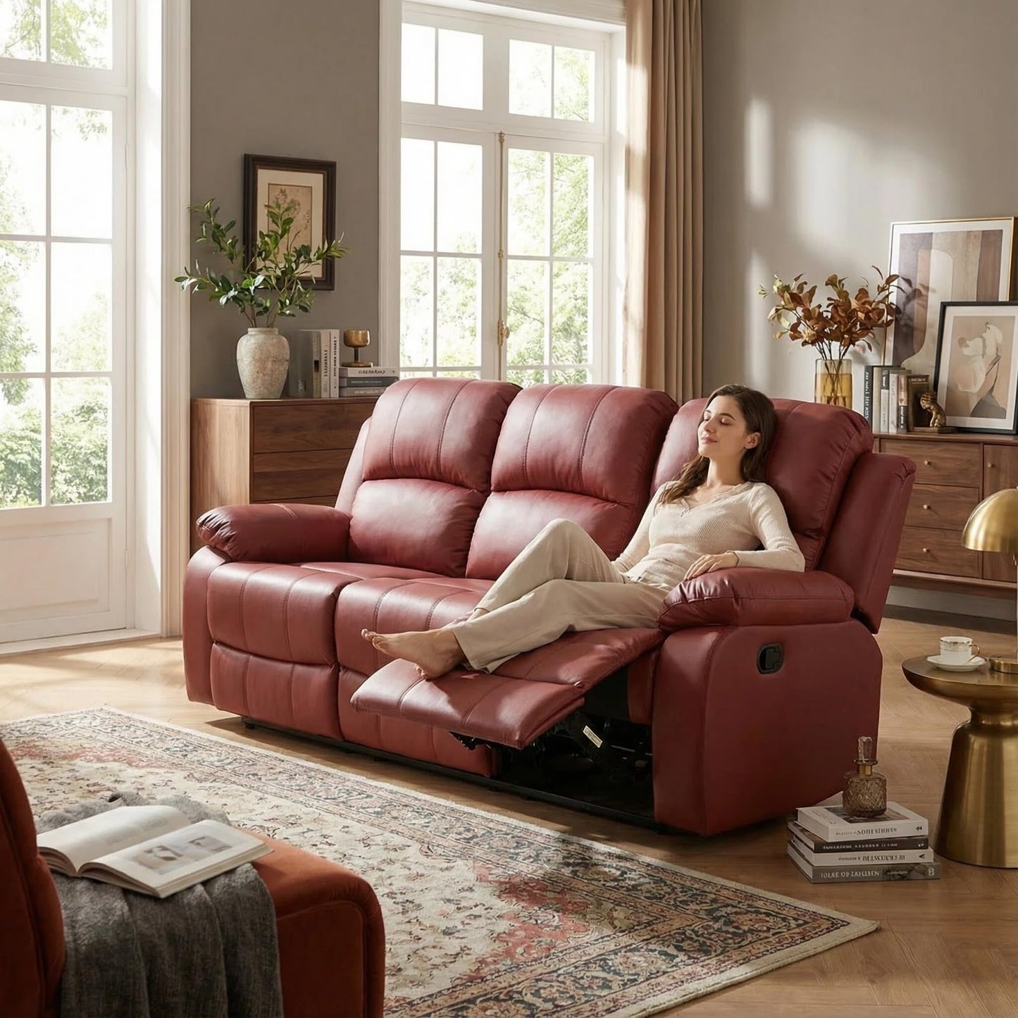 Trygoal Leather Recliner Sofa Set, Living Room Furniture Set, Adjustable Backrest Reclining 3-Seat Sofa with Convertible Middle Coffee Table, Manual Recliner Chair for House, Home Theater, Red