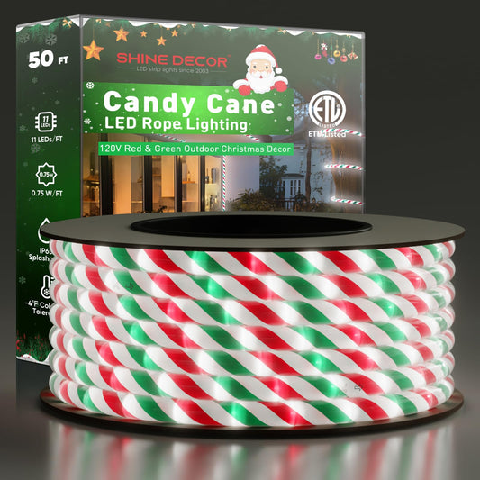 Shine Decor LED Rope Light, 50ft Cool White Red Green, IP65 Waterproof, 4°F Cold Resistant, Model 061cd6ea-2a73-4bd9-a585