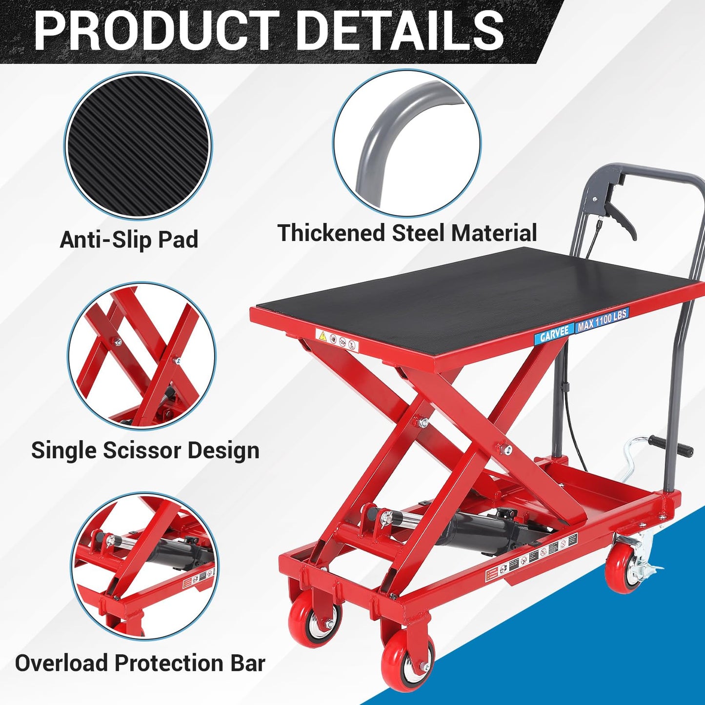 330 Lbs Hydraulic Lift Table Cart, 28.5" Lifting Height Single Scissor Lift Table with Anti-Slip Pad & 4 Wheels for Material Handling & Transportation in Warehouse, Workshop, Red