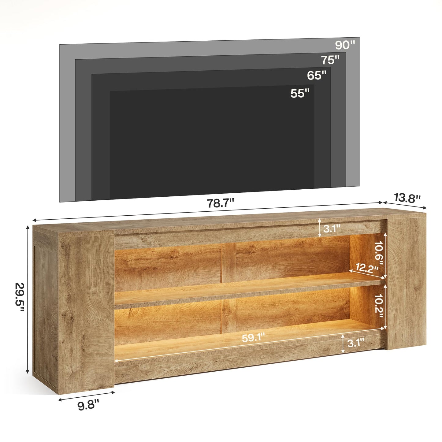 Tribesigns 78" LED Light TV Stand for TVs up to 90 Inches, 3 Tiers Farmhouse Entertainment Center with Open Storage Shelves, Media Console Table for Living Room, Bedroom, Rustic Brown