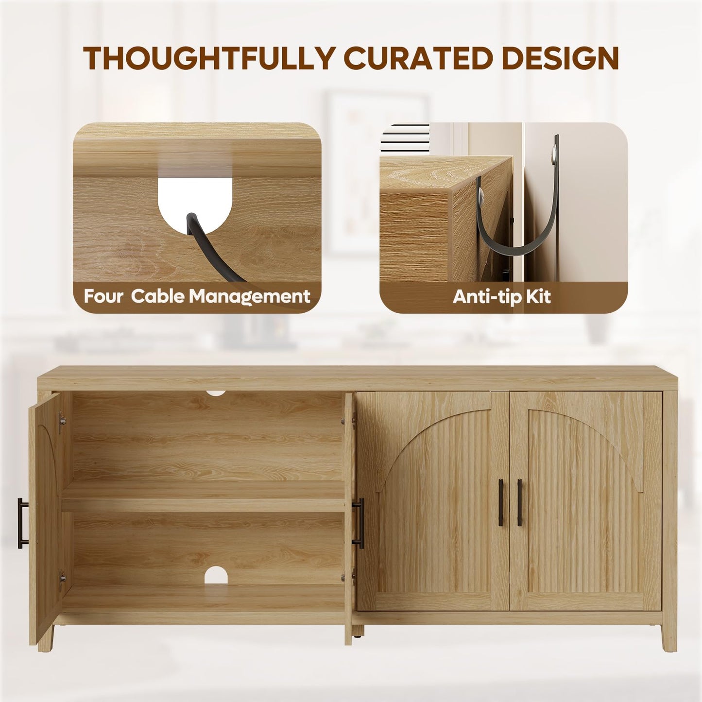Bestier 70"W Sideboard Buffet Cabinet with Storage, Mid Century Credenza Storage Cabinet, 4 Doors Reeded Sideboard, Adjustable Shelves, Wood Buffet Long Cabinet for Living Room, Entryway, Coastal Oak
