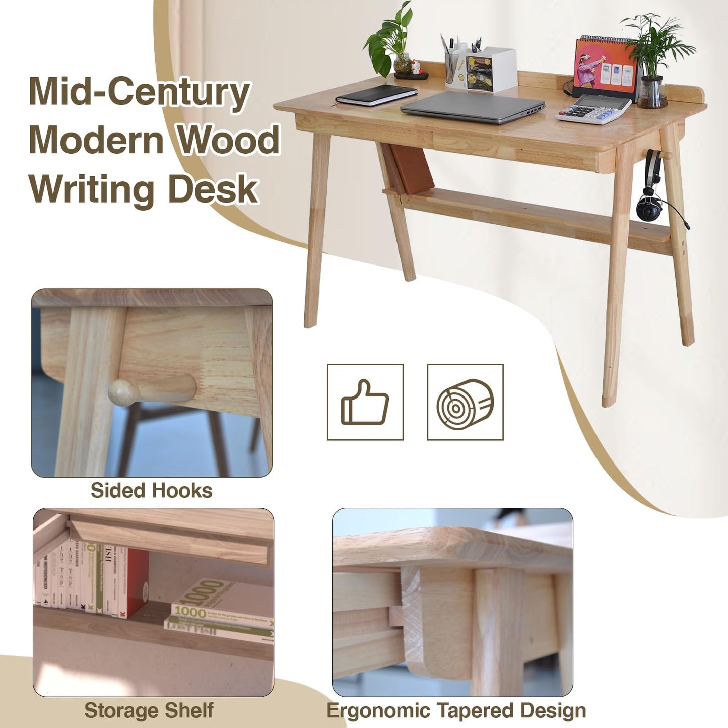 BuyUp Mid-Century 39" Desk Solid Wood Writing Desk with 2 Drawers and Lower Shelf, Home Office Table for Study or Work or Dining with 2 Hanging Rod, Natural