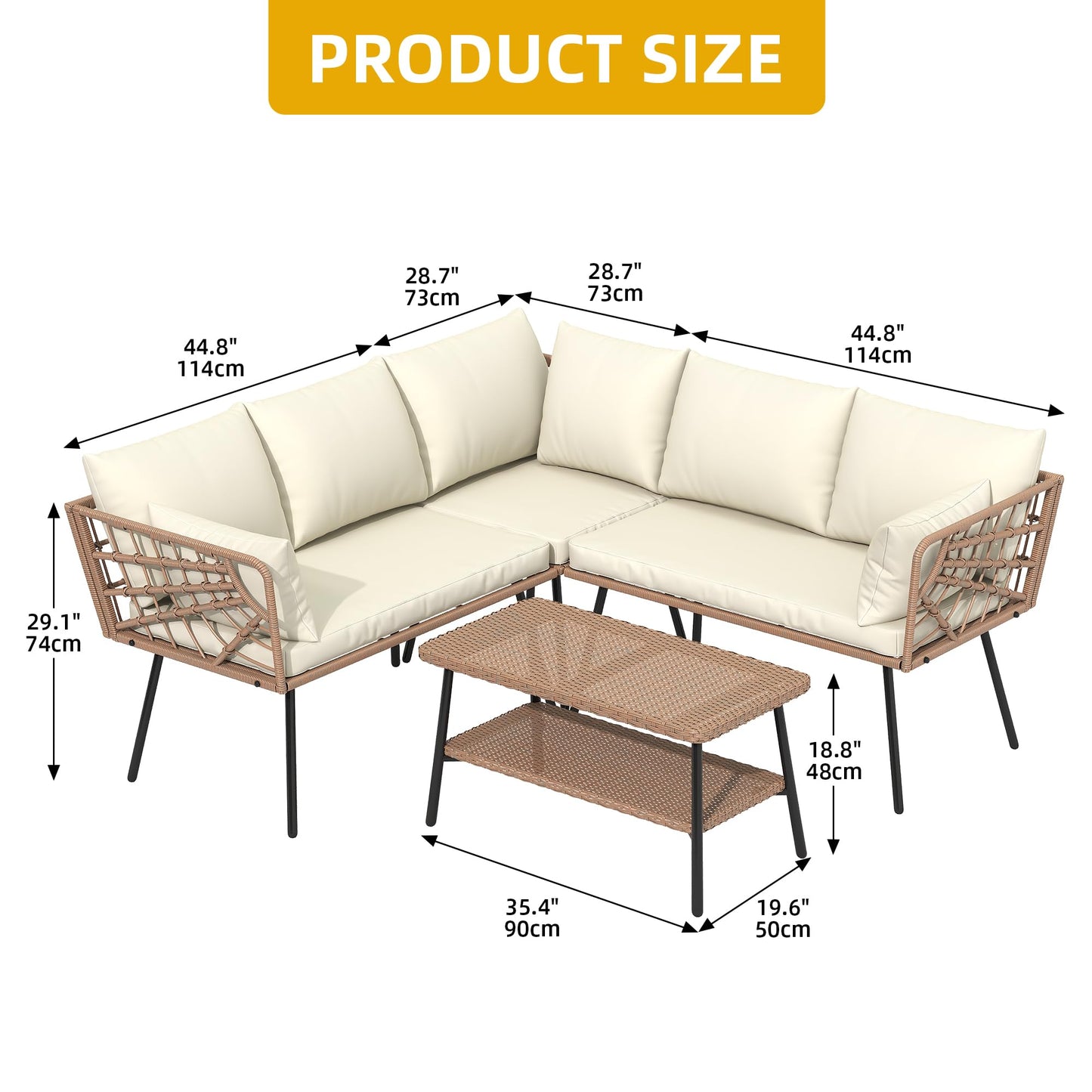 DWVO Outdoor Sectional Sofa 4 Piece 5-Seater Rattan Patio Furniture Set with 2-Tier Coffee Table&Cushions L Shape Couch Boho Conversation Sets for Garden Porch Backyard Relaxation
