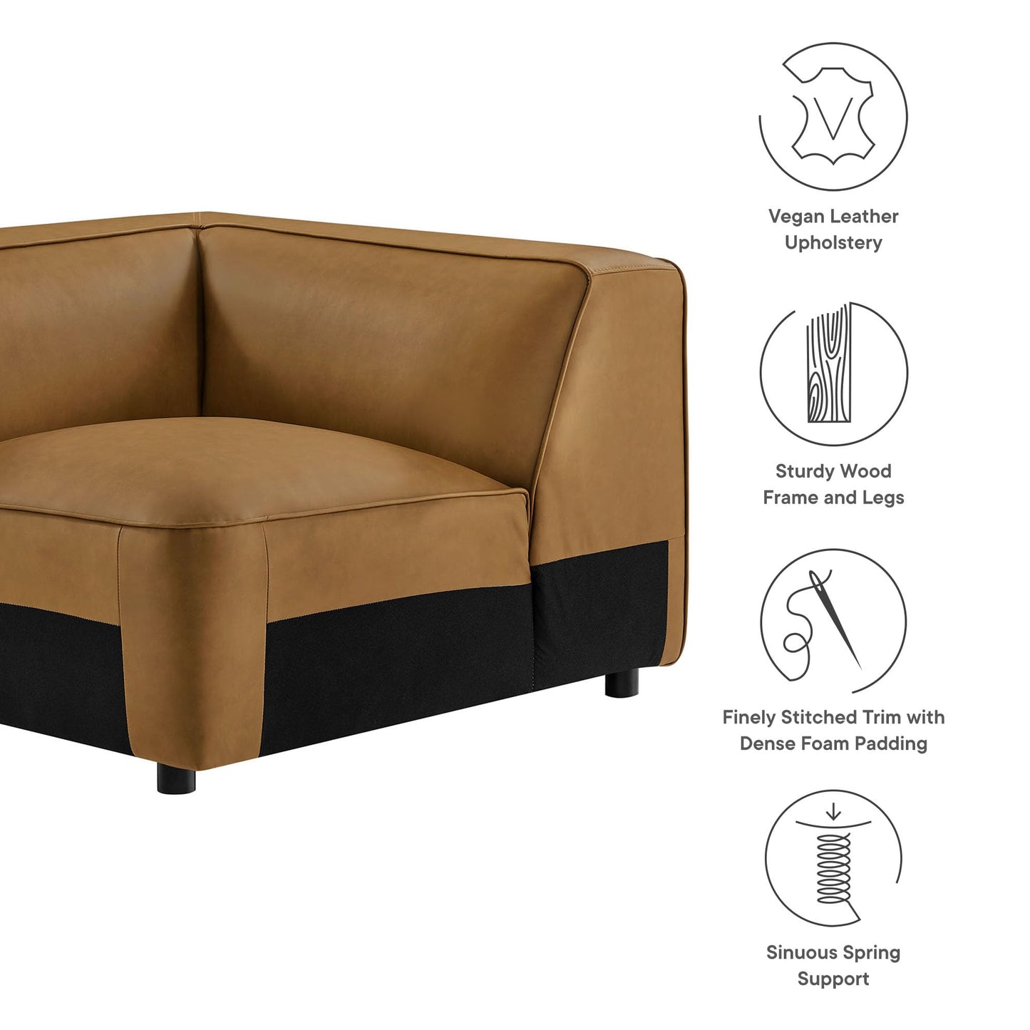 Modway Auren Vegan Leather Corner Modular Chair in Camel - Mid Century Modern Faux Leather Corner Sectional Couch - Living Room Armless PU Leather Single Sofa Chair