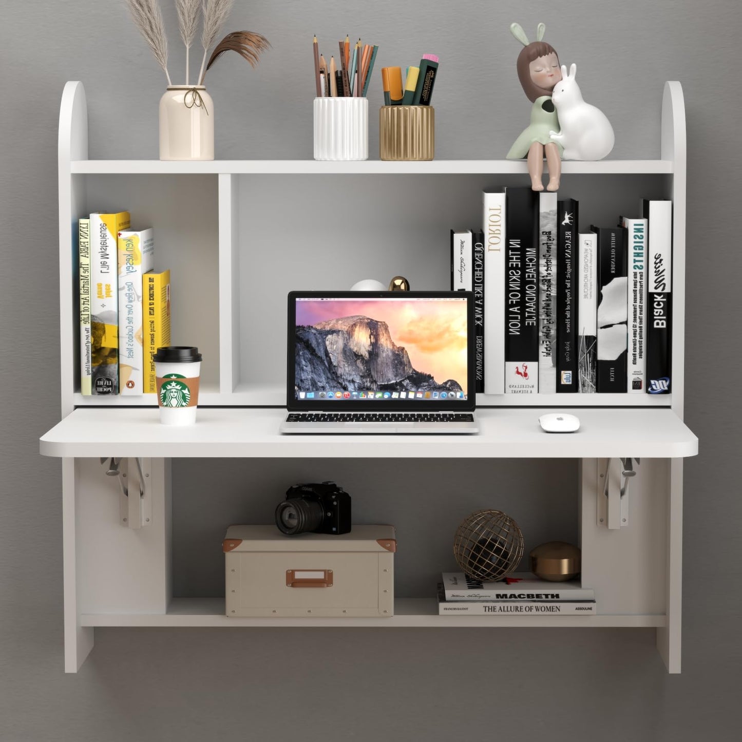 TuckTect Wall Mounted Drop-Leaf Table, Floating Laptop Desk, Folding Table with Shelves, Multifunctional Computer Workstation with Storage Compartments in Home Office for Space Saving (White)