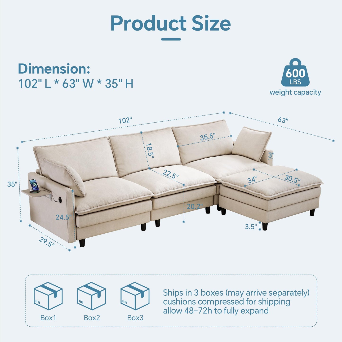 FAVSH 102'' L-Shaped Modular Sectional Sofa, 3-Seater Cloud Couch with Movable Ottoman, Deep Seat Chenille Upholstery, USB & Type-C Charging, Foldable Side Table for Living Room Apartment, Beige