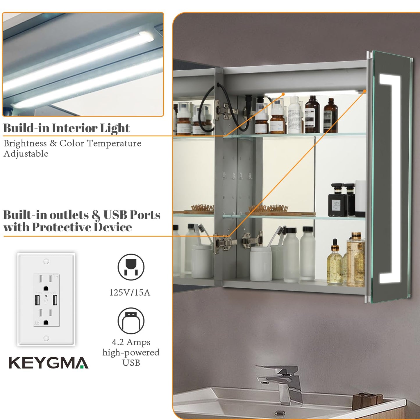 LADEED Lighted Medicine Cabinet with Mirror Outlet,30 X 26 Inch,Recessed Or Surface-Mounted Led Medicine Cabinet Mirror for Bathroom Storage,Interior Light, Double Door,Defog,Stepless Dimming