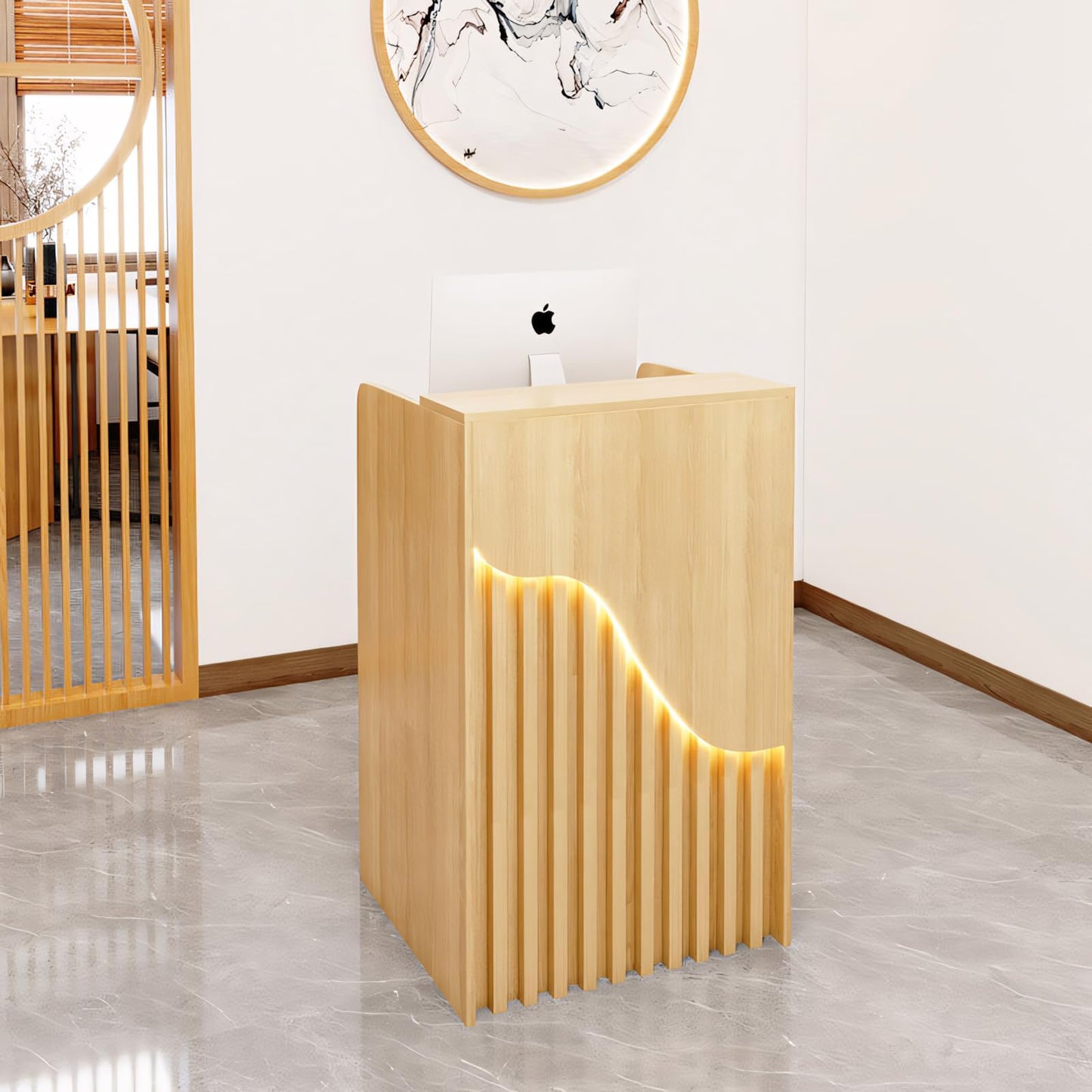 Small Reception Desk with Counter, Modern Front Desk with LED Light & Lockable Drawers, Checkout Counter, Retail Counter, Cash Register Stand for Salon, Lobby, Office, Retail, Natural, 23.6 Inch