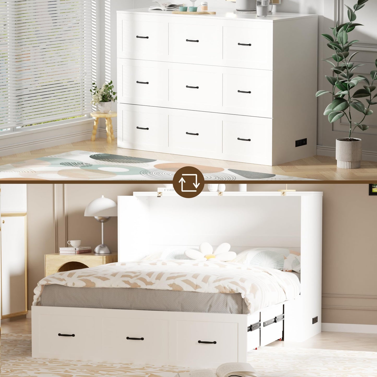 Full Size Murphy Bed Wood Wall Bed Cabinet with Large Drawer Space-Saving Hidden Foldable Platform Bed Chest Mobile Cabinet Bed Frame Storage Cabinet with USB Ports for Bedroom, Guest Room White