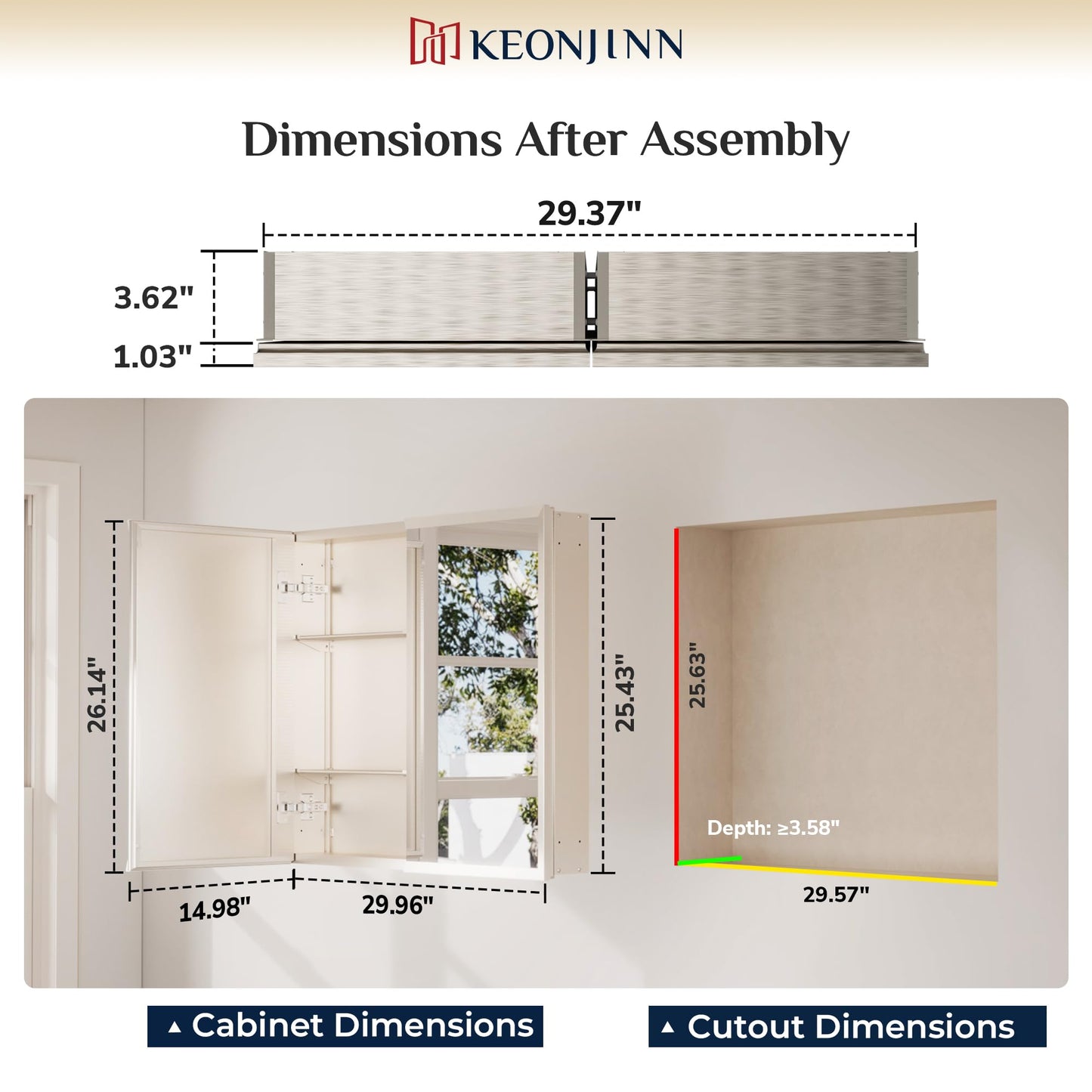 Keonjinn Medicine Cabinet Mirror 30" x 26", Brushed Nickel Bathroom Mirror with Storage, Assembly Needed