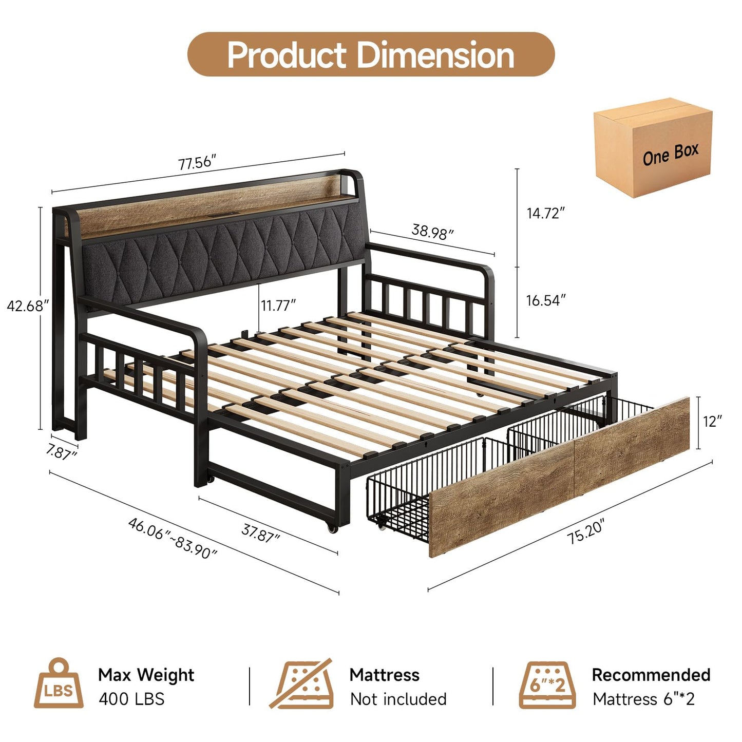 Convertible Daybed with Trundle, Twin to King Sofa Bed with Storage Drawers, Day Beds with Pop up Trundle, Upholstered Headboard & Power Outlet, Metal Platform Frame for Living Room, Guest Room, Black