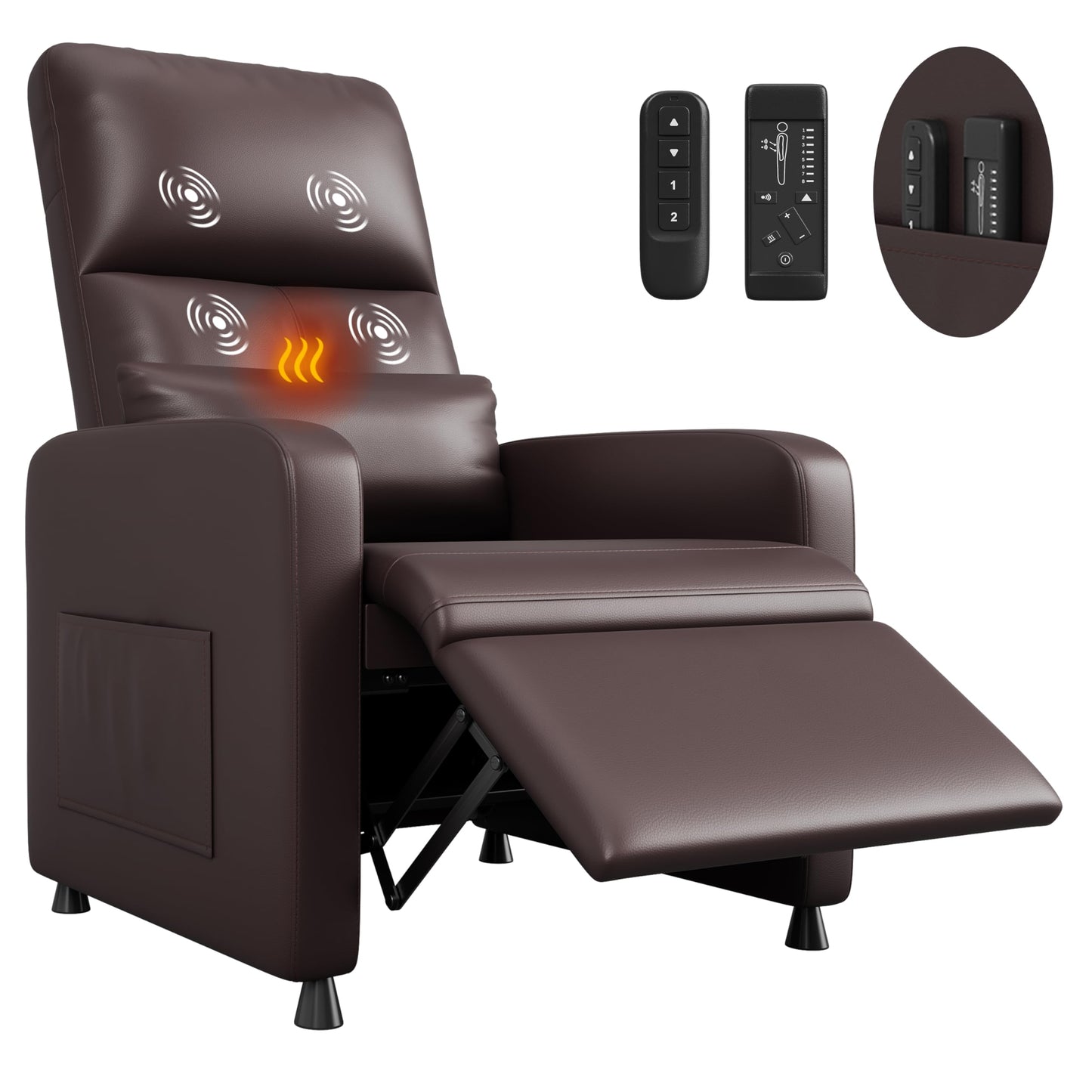 Power Recliner Chair with Heat & Massage, Adjustable Electric PU Leather Single Sofa, Ergonomic Tall-Back Padded Seat, Home Theater Seating Recliner for Living Room
