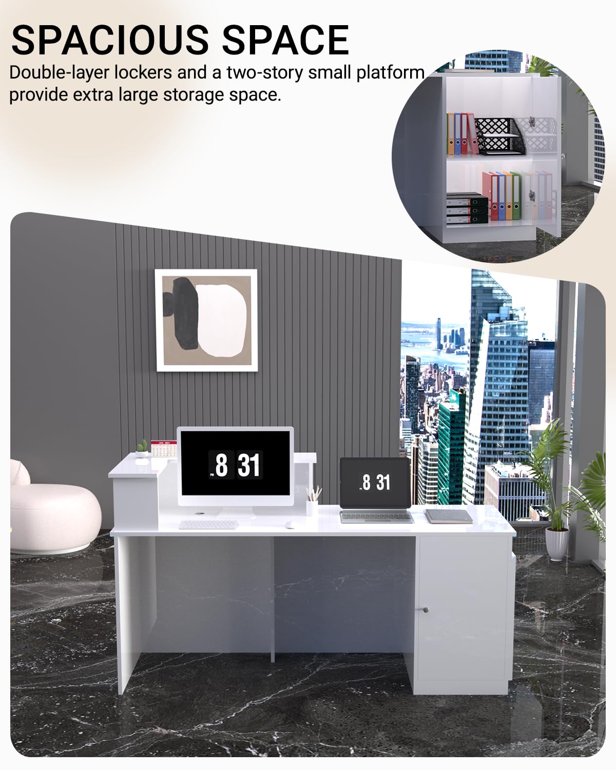 Salon Reception Desk with Counter, Front Desk Reception Counter with Lockable Drawer & Cabinet, Retail Checkout for Home Office, SOHO, Shop, Salon (White, R-63 * 23.6 * 39.3in)
